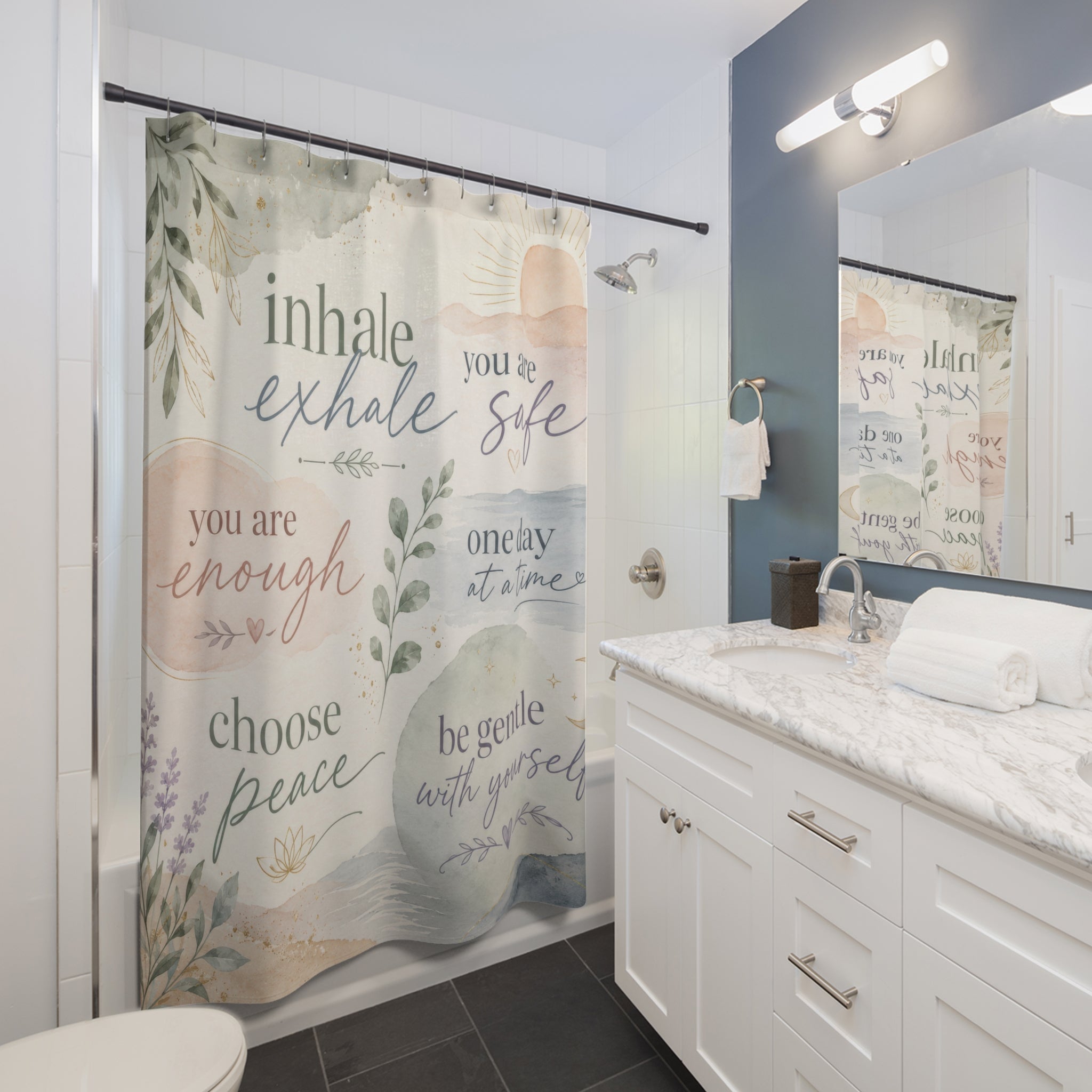 Positive Affirmation Shower Curtain: Sage Blue Pastel