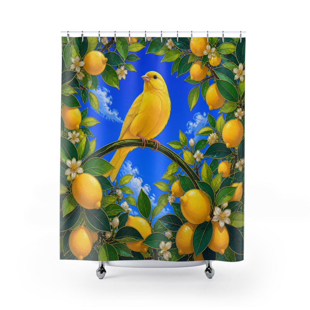 Golden canary beneath lemons and blossoms on cobalt blue shower curtain with full front view