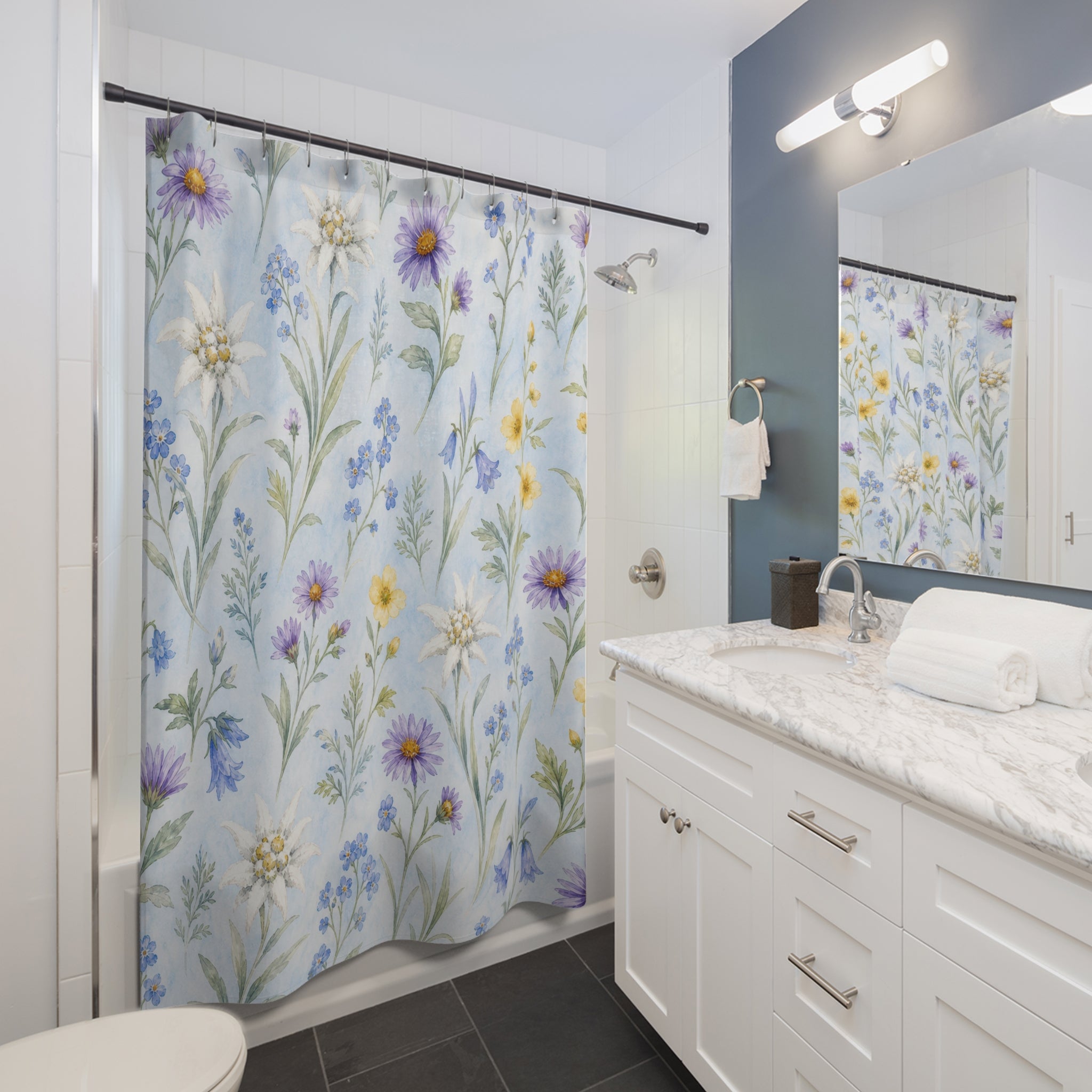 Blue Yellow Wildflower Watercolor Floral Pastel Flower Botanical Shower Curtain