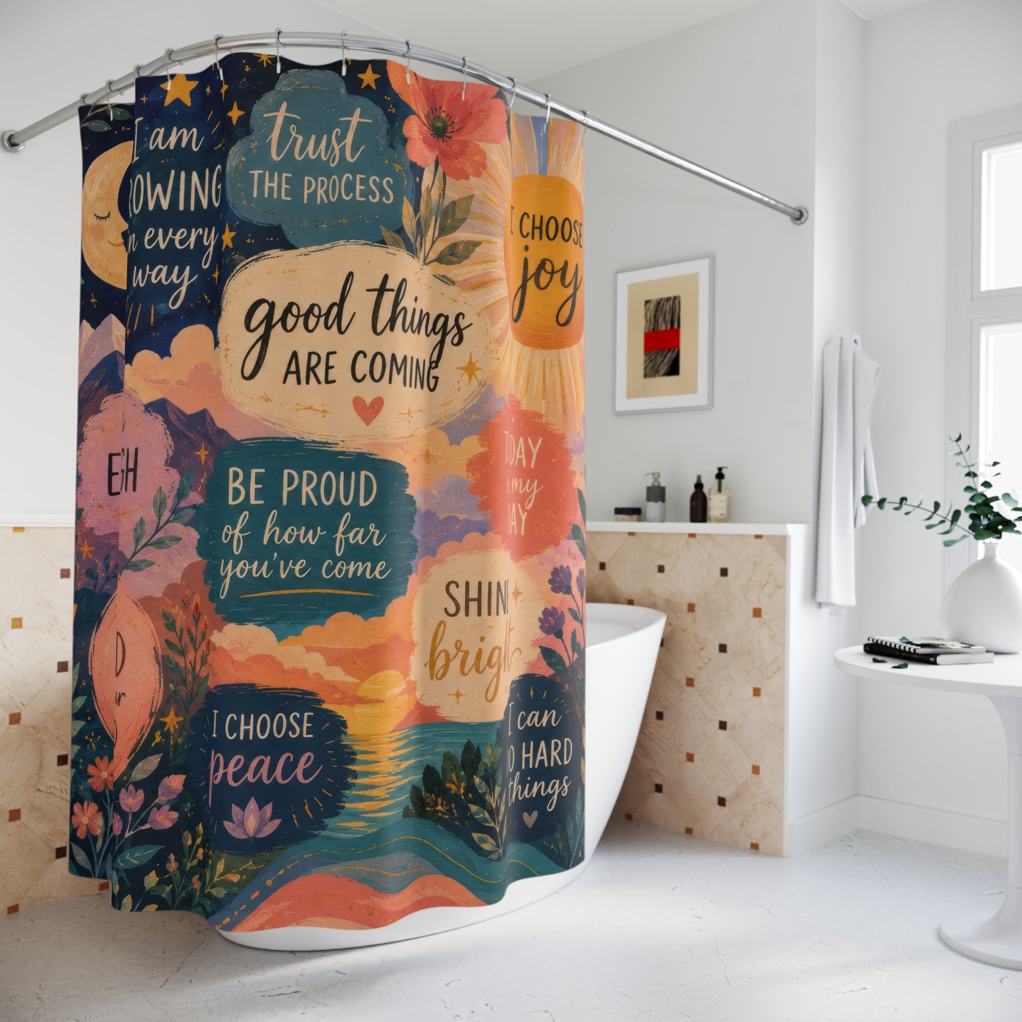 Positive Affirmation Shower Curtain: Navy Celestial