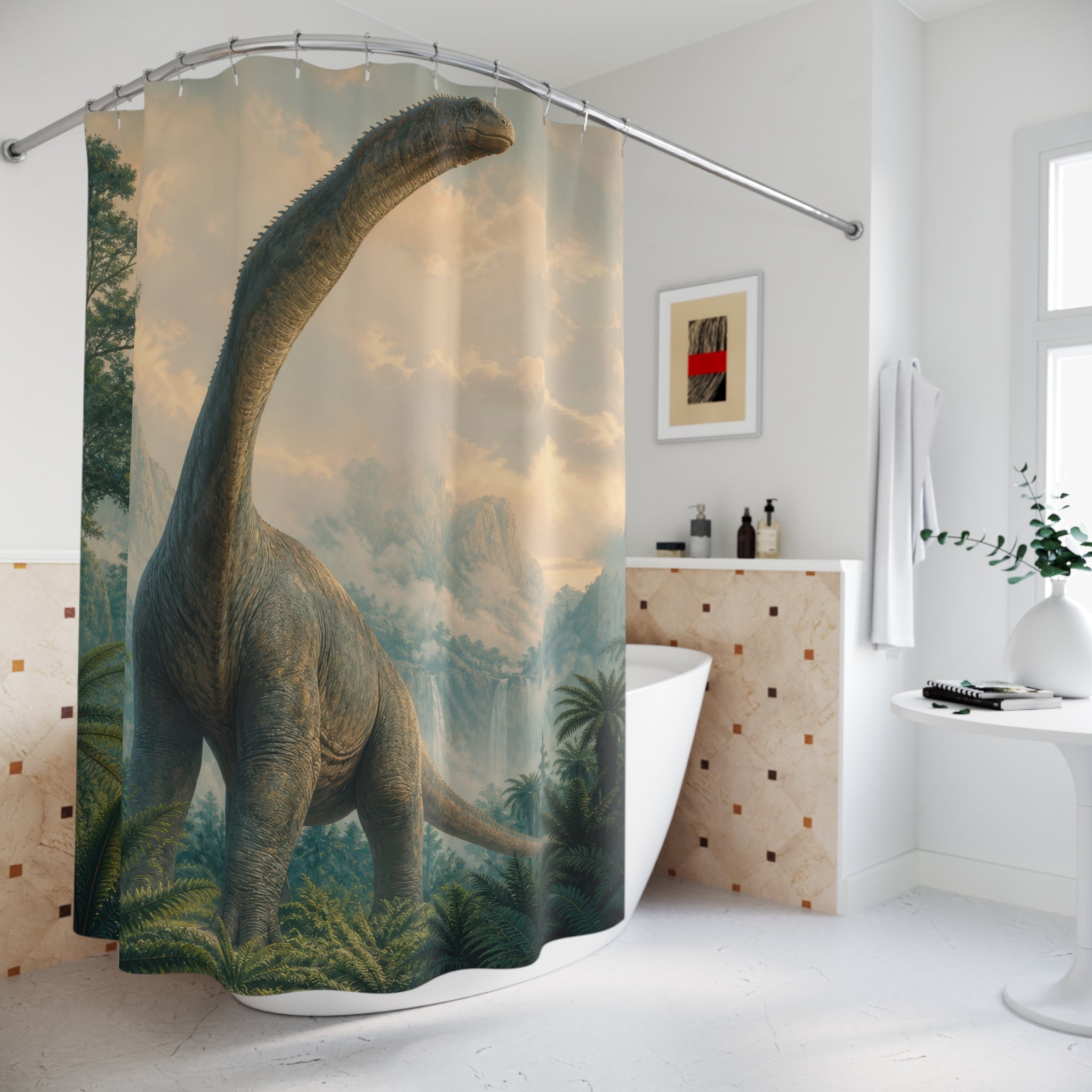 Towering sauropod in a misty prehistoric valley shower curtain styled beside a freestanding tub