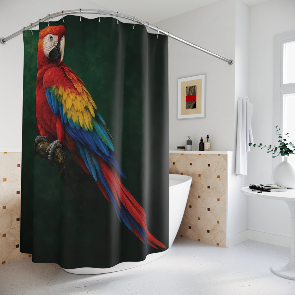 Scarlet macaw with blue and yellow feathers on dark green shower curtain beside a freestanding tub