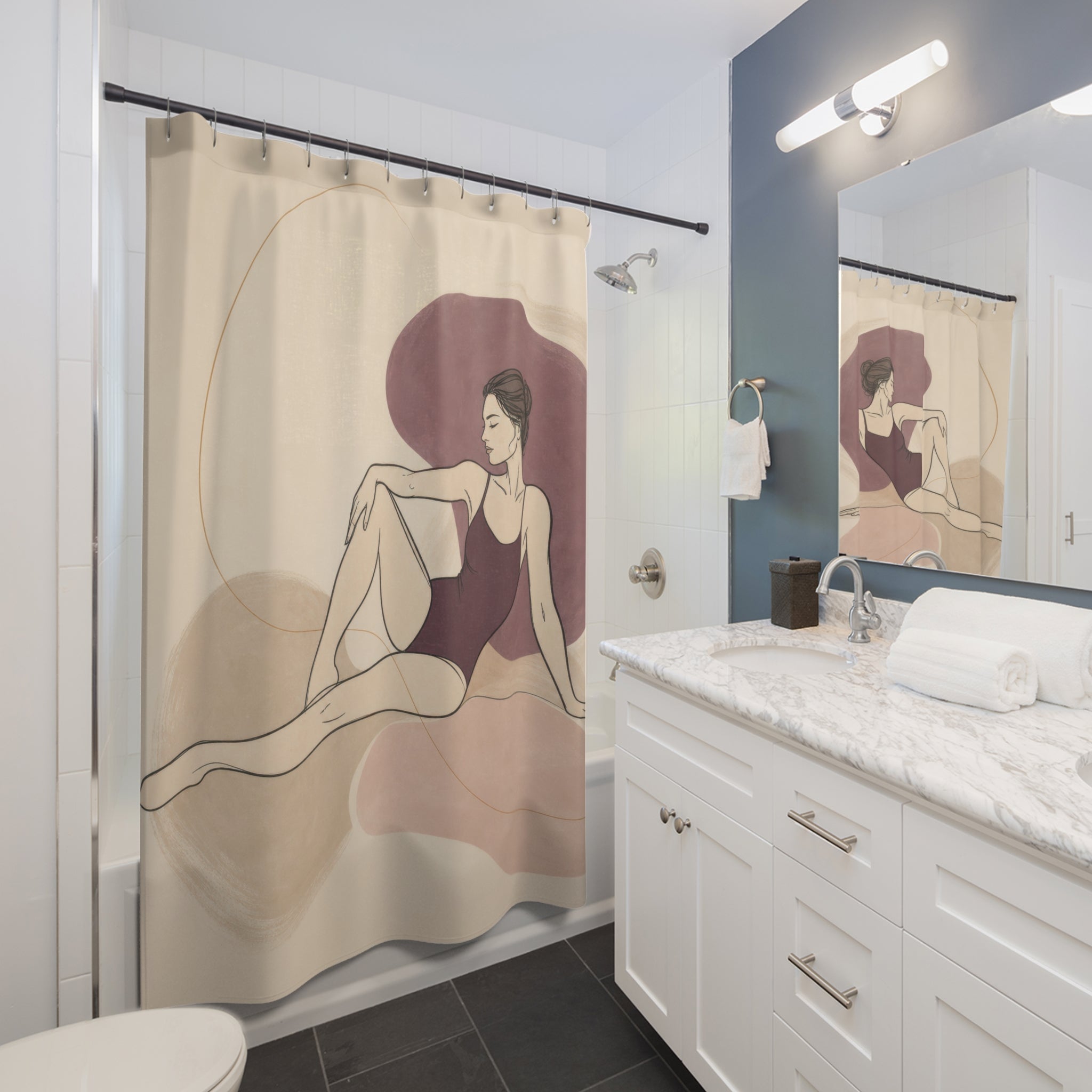 Figure Art Shower Curtain, Reclining Woman Abstract Pattern, Pink Taupe Bathroom Decor, Modern Guest Bath Line Art Style