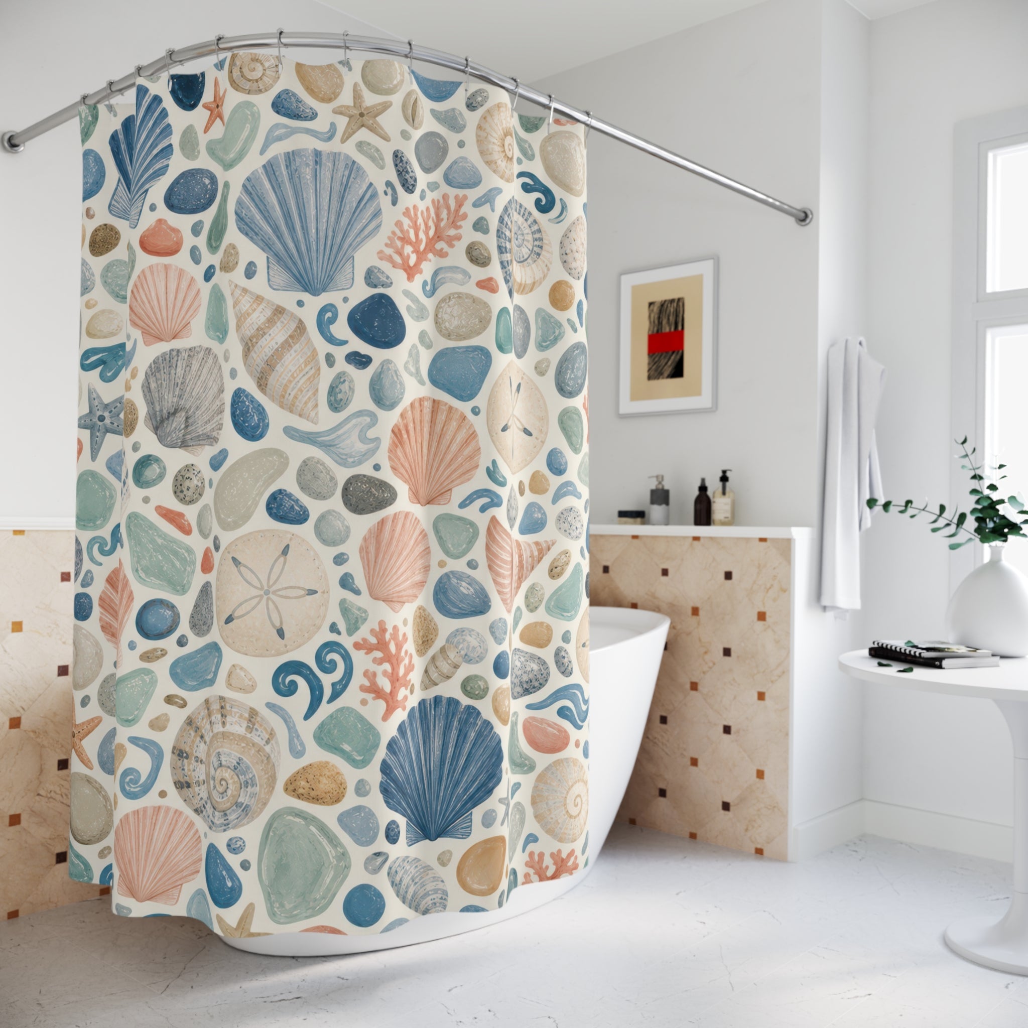 Unique Coastal Shower Curtain, Seashell Terrazzo Pattern, Aqua Peach Beach Decor, Playful Ocean Guest Bath, Aqua Shell Pattern Style
