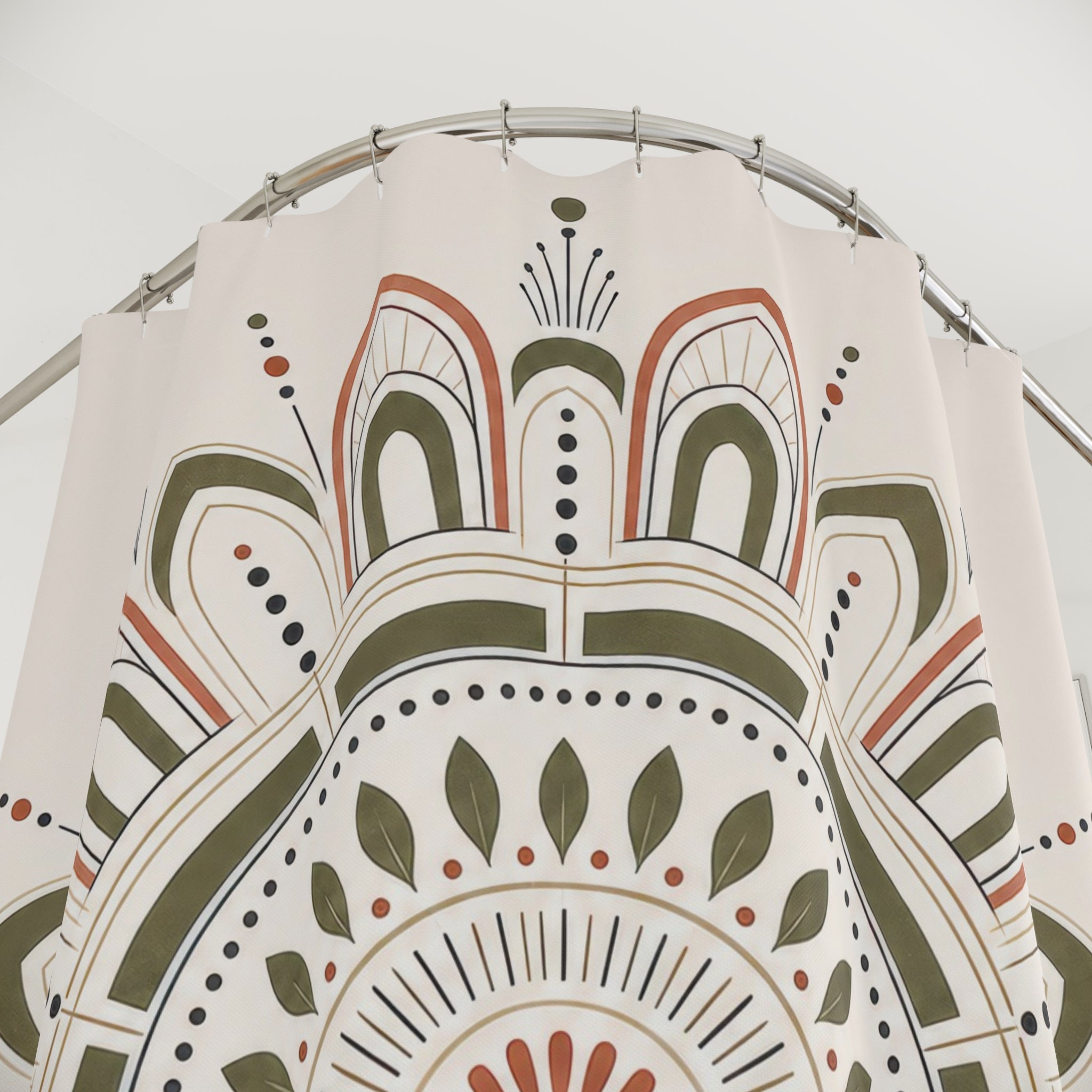 Olive Coral Line Art Medallion Shower Curtain