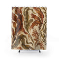 Copper-brown and olive kelp on sandy cream shower curtain with full front view