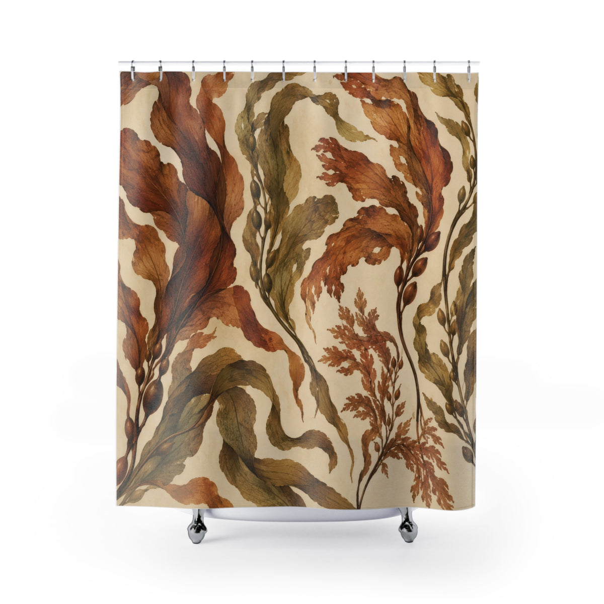 Copper-brown and olive kelp on sandy cream shower curtain with full front view