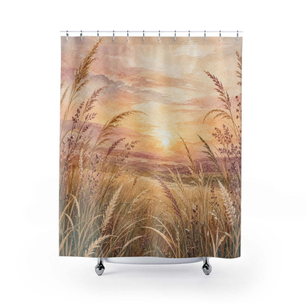Sunset Meadow Grass Landscape Shower Curtain