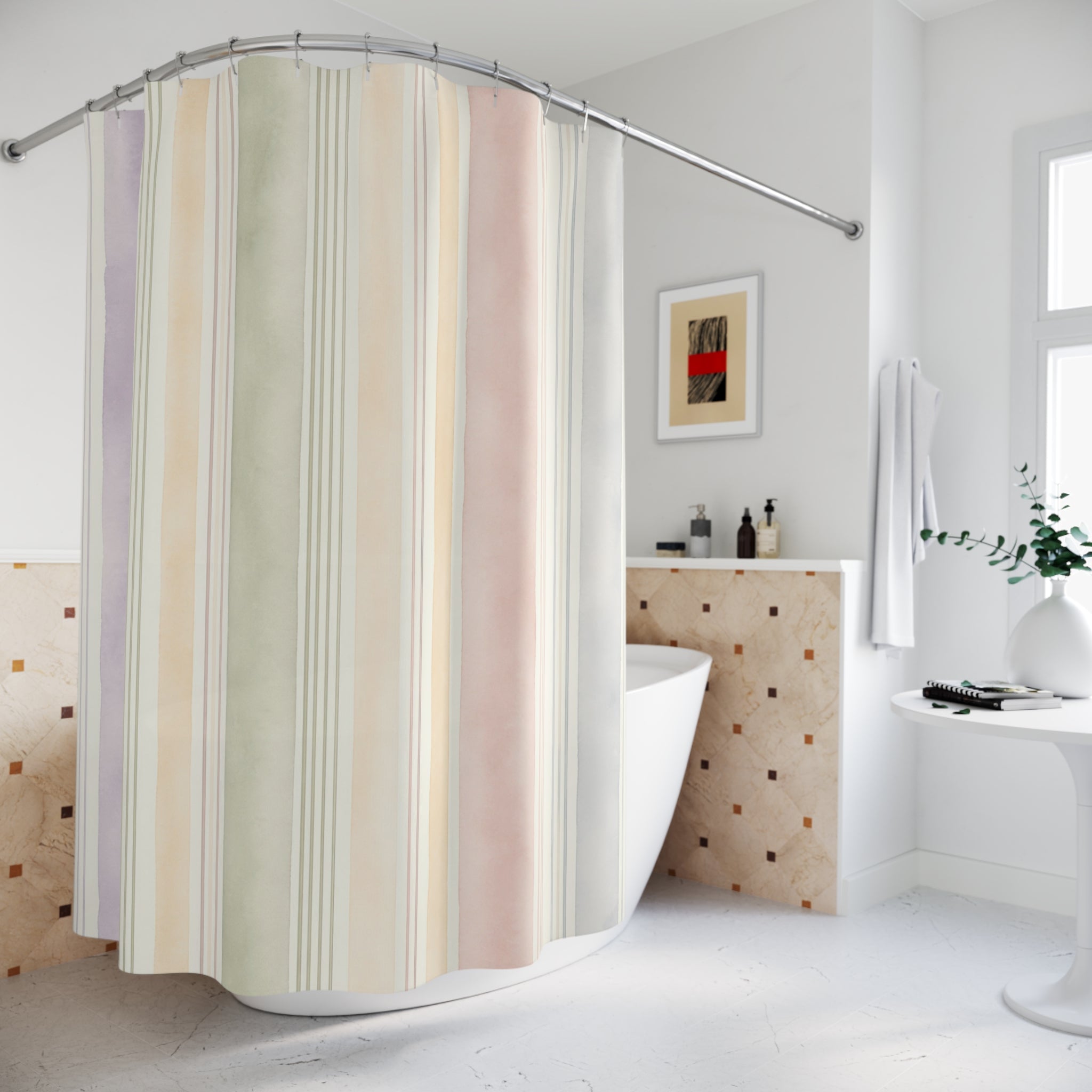 Pale Lavender Mint Vertical Stripe Shower Curtain