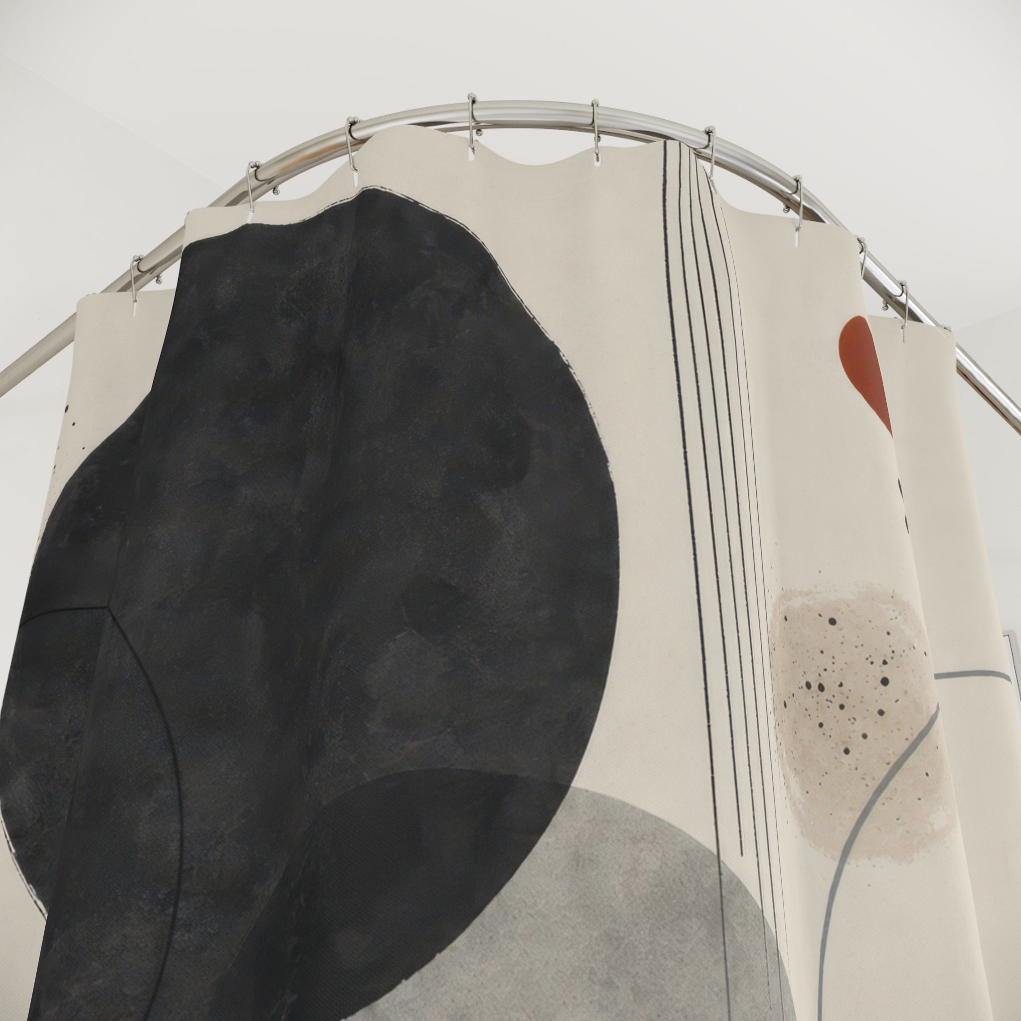 Abstract Shower Curtain, Black Circle Pattern, Modern Geometric Bathroom Decor, Cream Gray Orange Minimal Art Bath Style, Neutral Accent