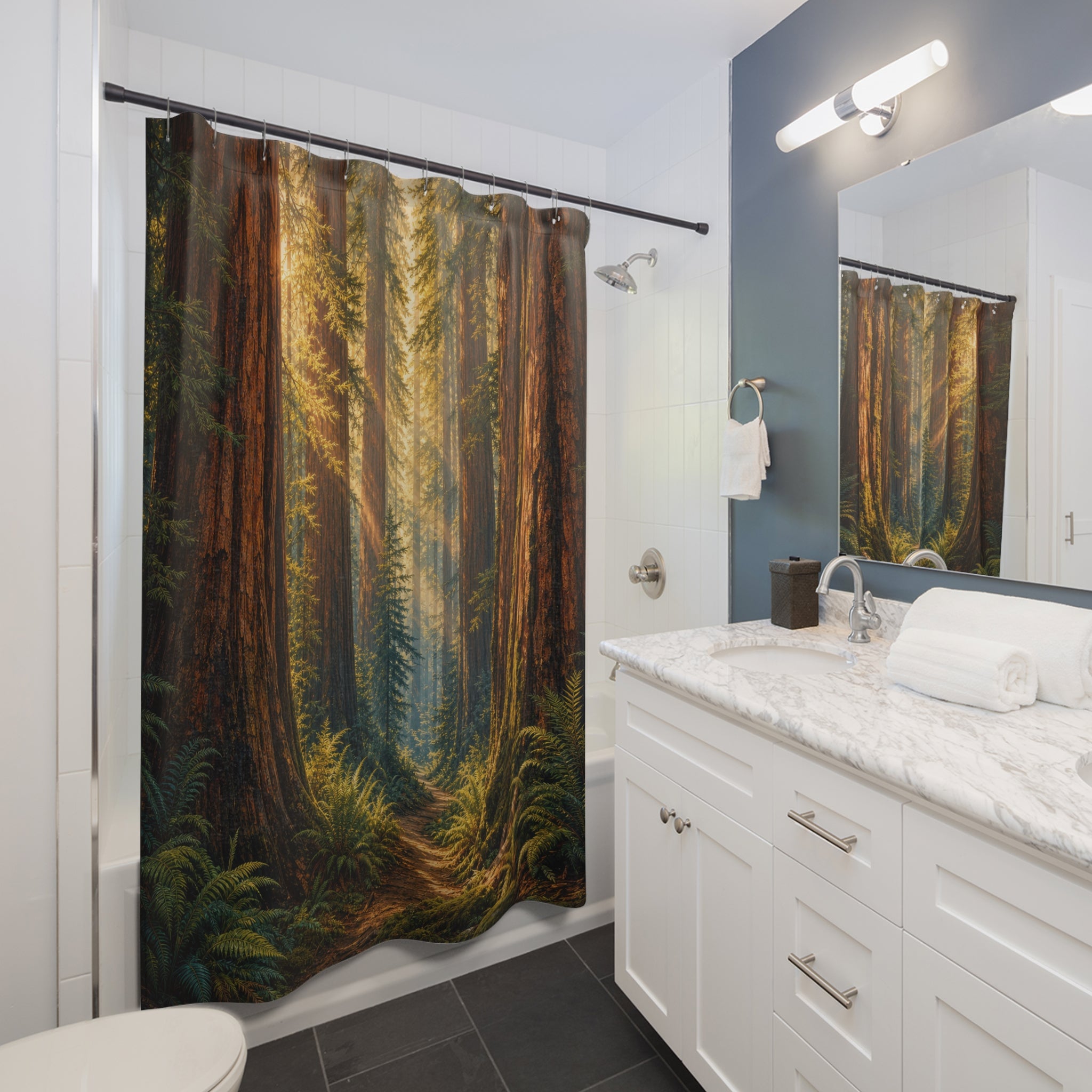 Unique Forest Shower Curtain, Redwood Tree Path Art, Green Woodland Bathroom Decor, Cabin Nature Wall Decor Guest Bath Gift For Home