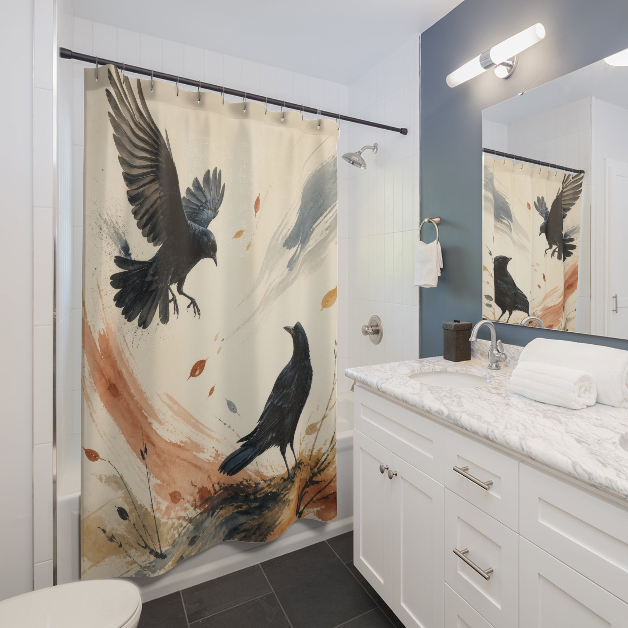 Two blackbirds in an airy peach and blue ink wash meadow shower curtain beside a white vanity