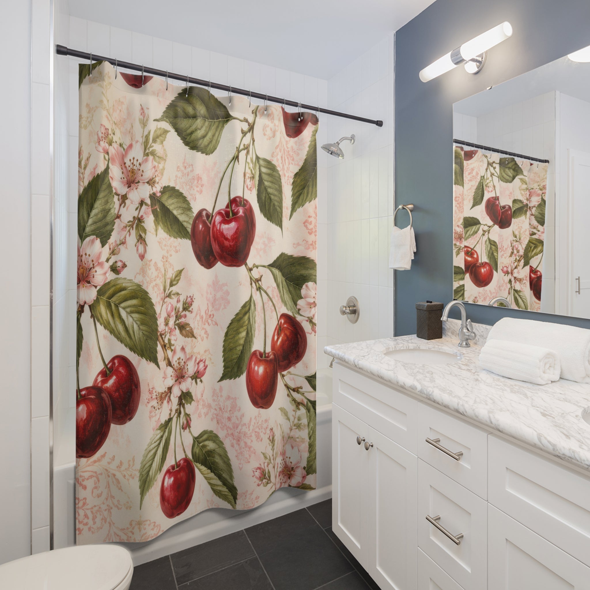 Cherry Shower Curtain: Red Botanical Floral