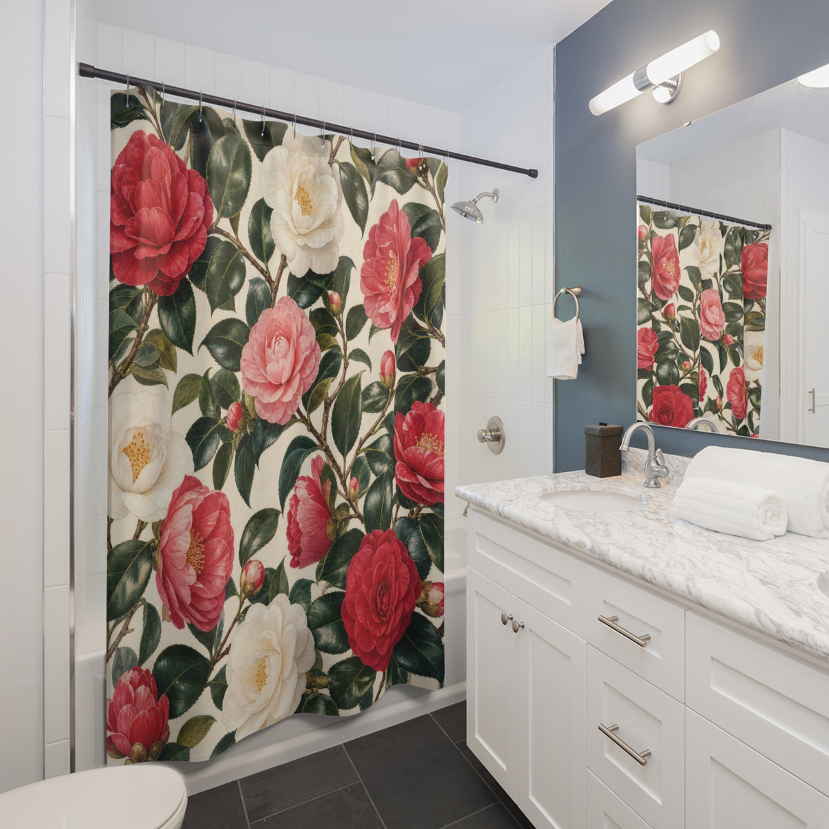 Pink White Botanical Flower red shower curtain beside a white vanity