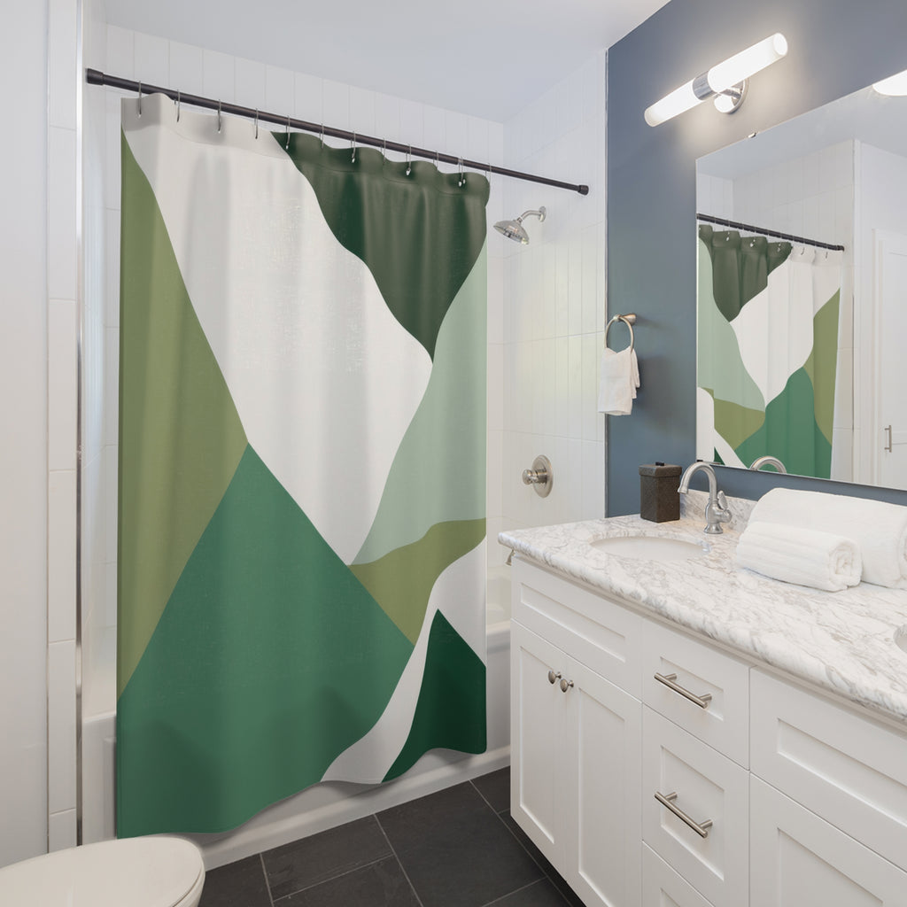 Green Geometric Shower Curtain, White Triangle Bath Decor, Faceted Abstract Pattern, Modern Guest Bathroom Decor, Sage Style Decor