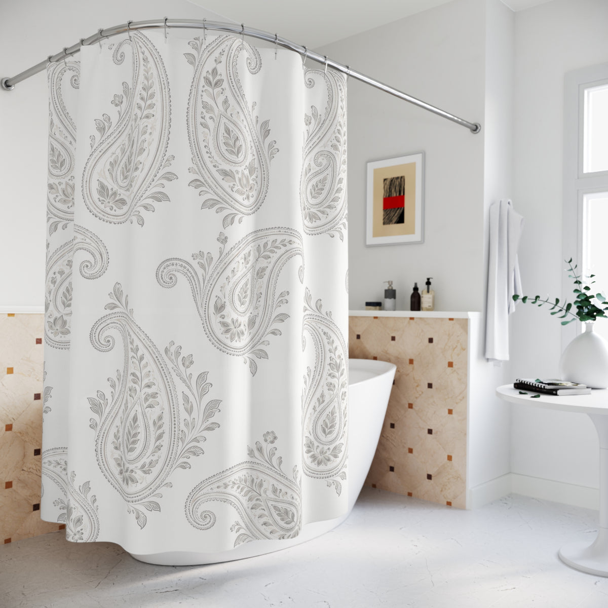 Pale gray leafy paisleys on a bright white ground shower curtain beside a freestanding tub