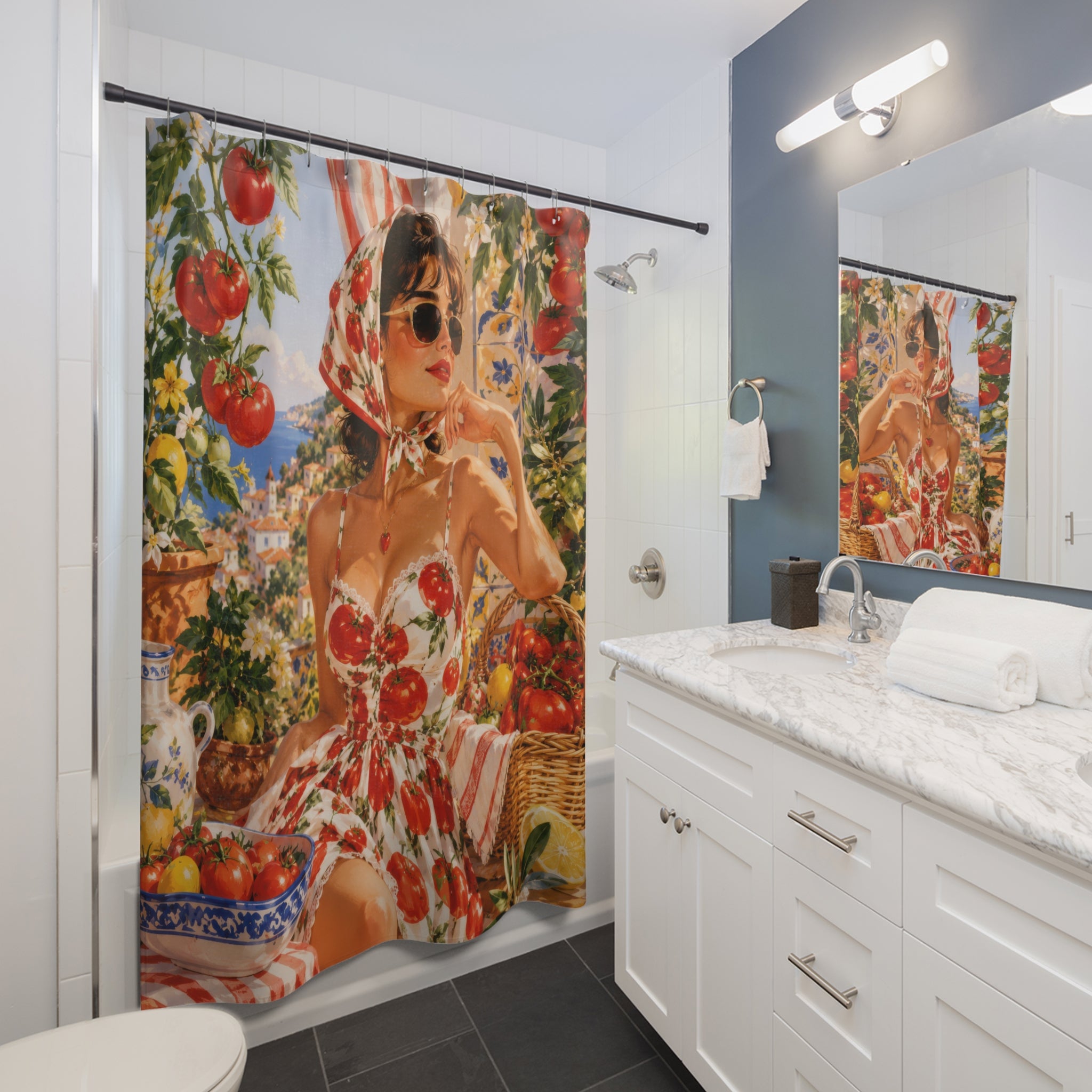 Tomato Girl Shower Curtain: Red White Mediterranean