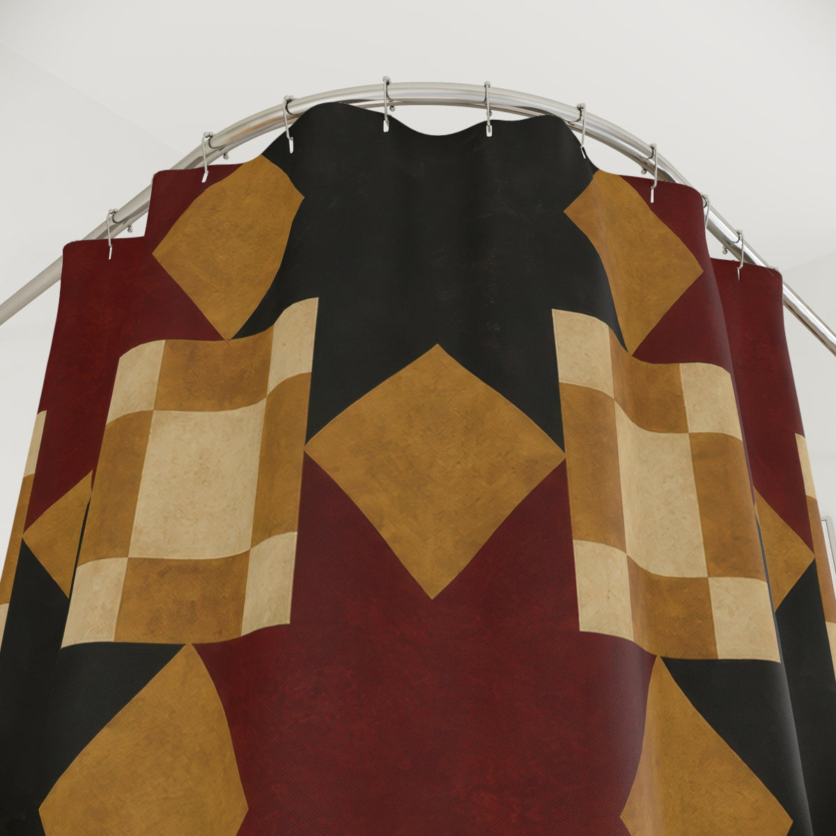 Burgundy and charcoal stars with mustard and cream blocks shower curtain with close-up print, hooks, and folds