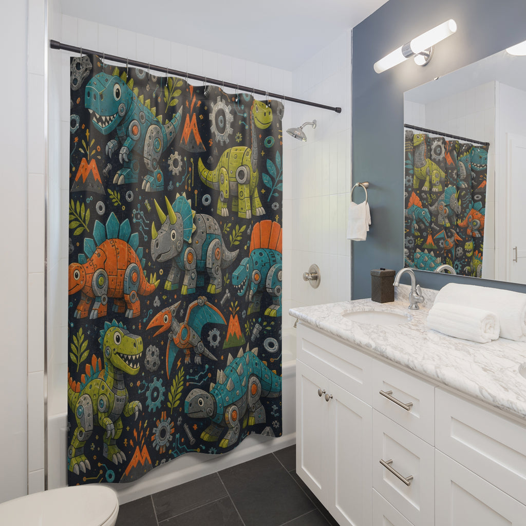 Cute Dinosaur Shower Curtain, Navy Kids Bathroom Decor, Friendly Dinosaur Bath Curtain, Boys Bathroom Decor, Dino Pattern, Playful Style