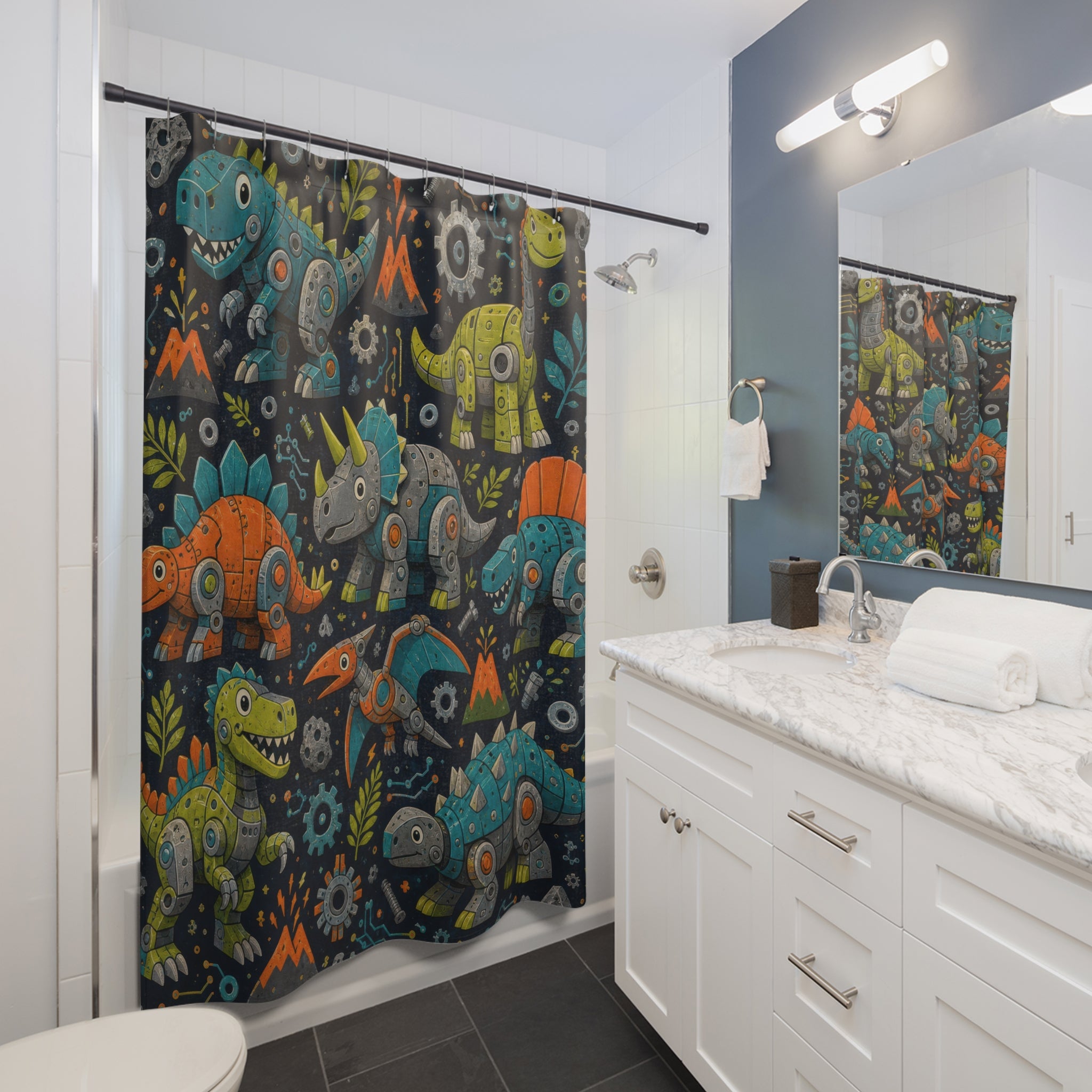 Cute Dinosaur Shower Curtain, Navy Kids Bathroom Decor, Friendly Dinosaur Bath Curtain, Boys Bathroom Decor, Dino Pattern, Playful Style