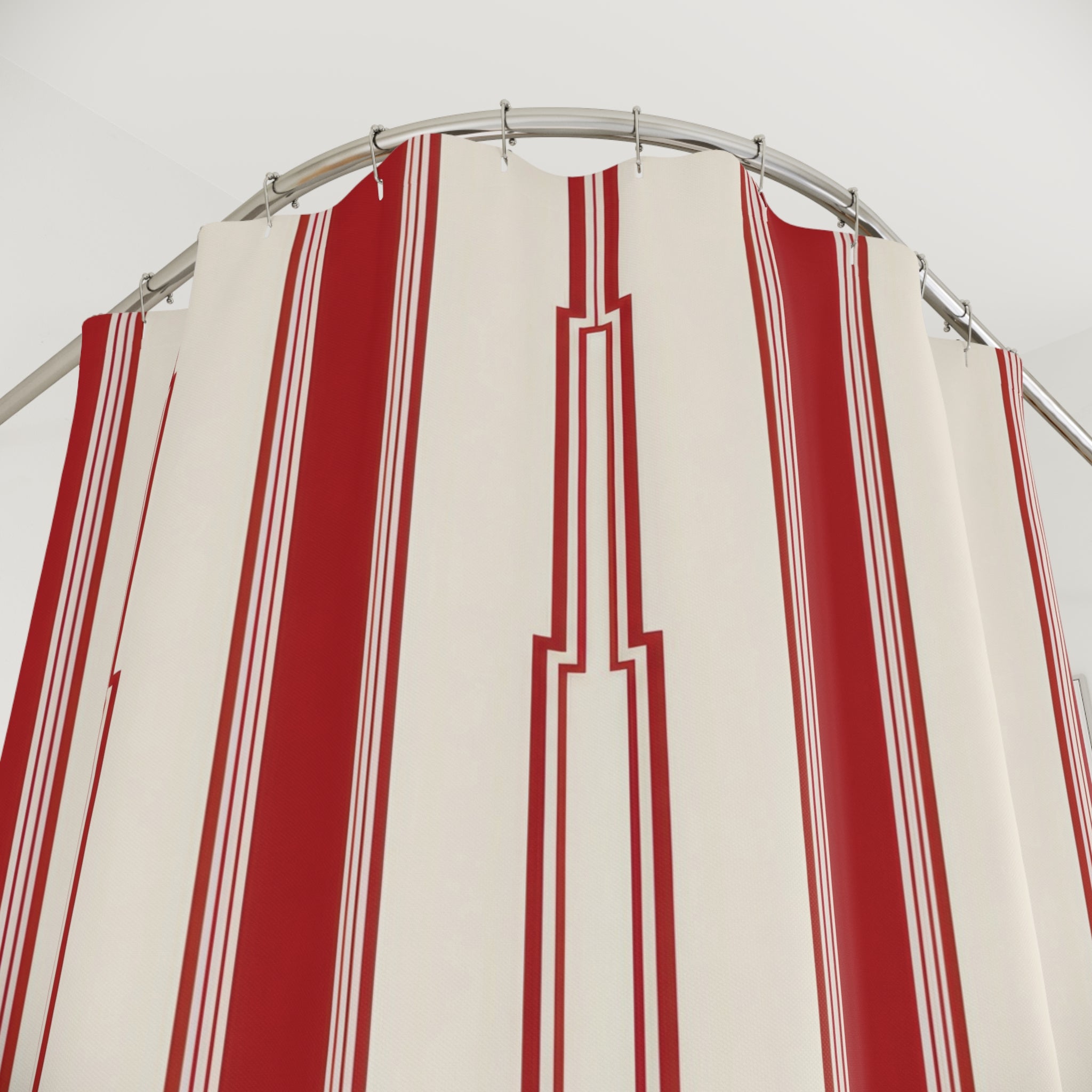 Red and White Art Deco Stripe Shower Curtain: Modern Vertical