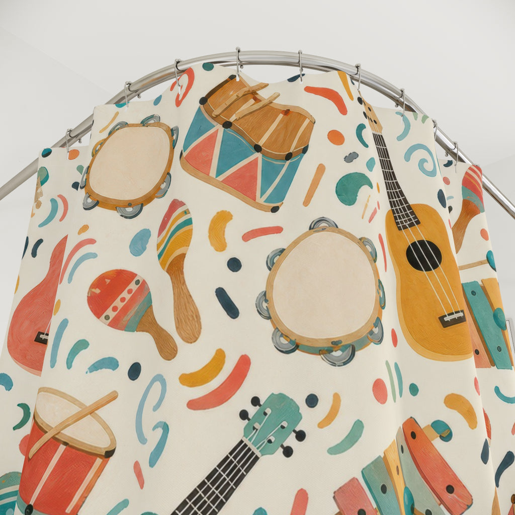 Kids Music Shower Curtain, Guitar Drum Instrument Pattern, Colorful Playroom Bathroom Decor, Music Room Preschool Wall Guest Bath Gift