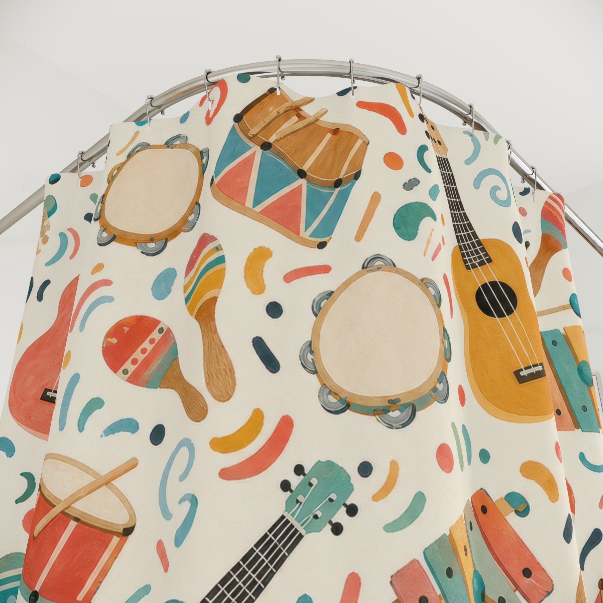 Kids Music Shower Curtain, Guitar Drum Instrument Pattern, Colorful Playroom Bathroom Decor, Music Room Preschool Wall Guest Bath Gift