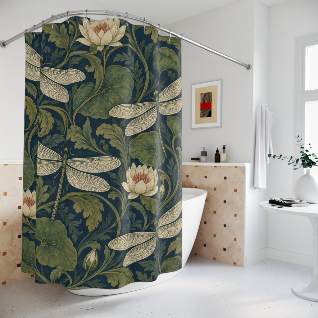 Olive and teal dragonfly waterlily shower curtain beside a freestanding tub