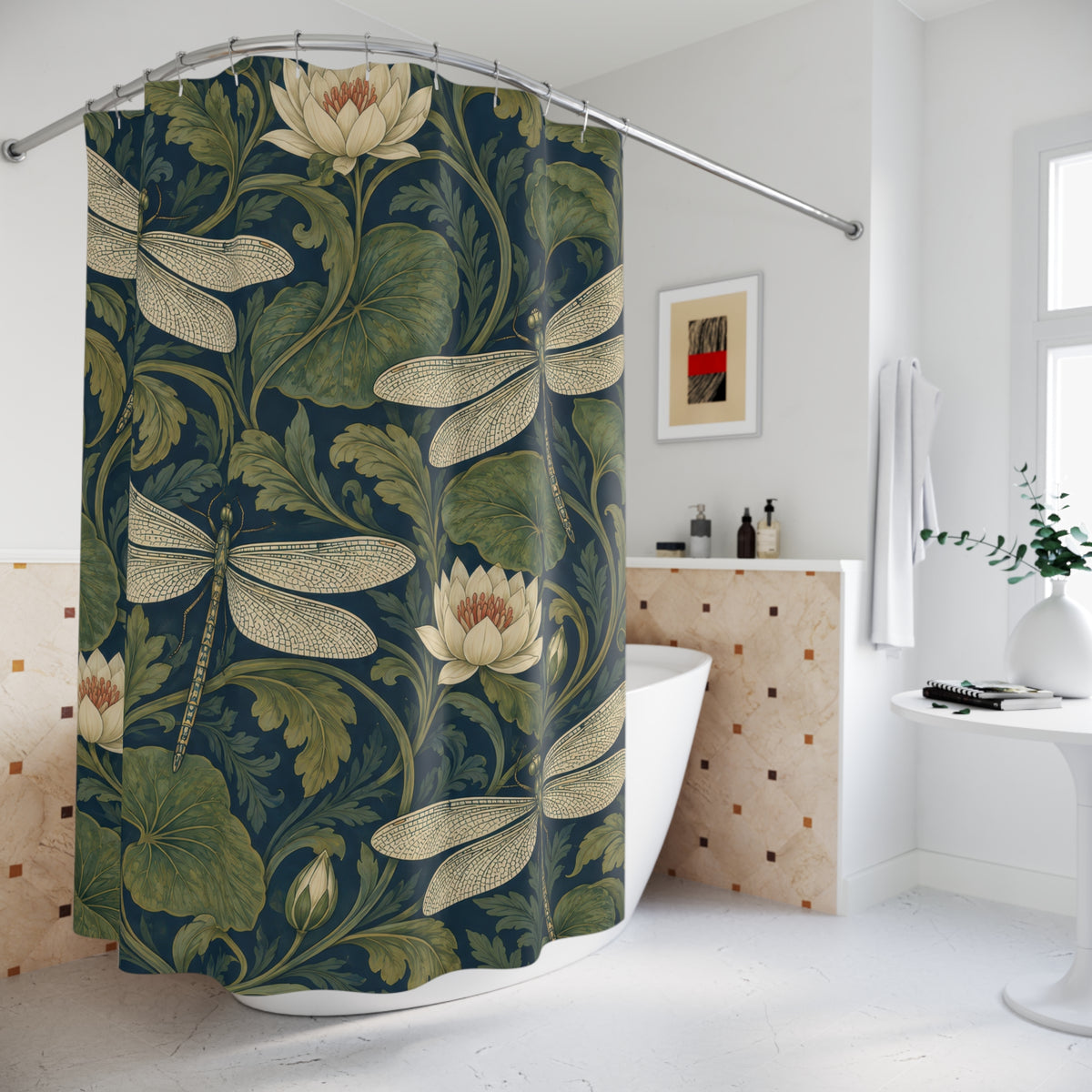 Olive and teal dragonfly waterlily shower curtain beside a freestanding tub