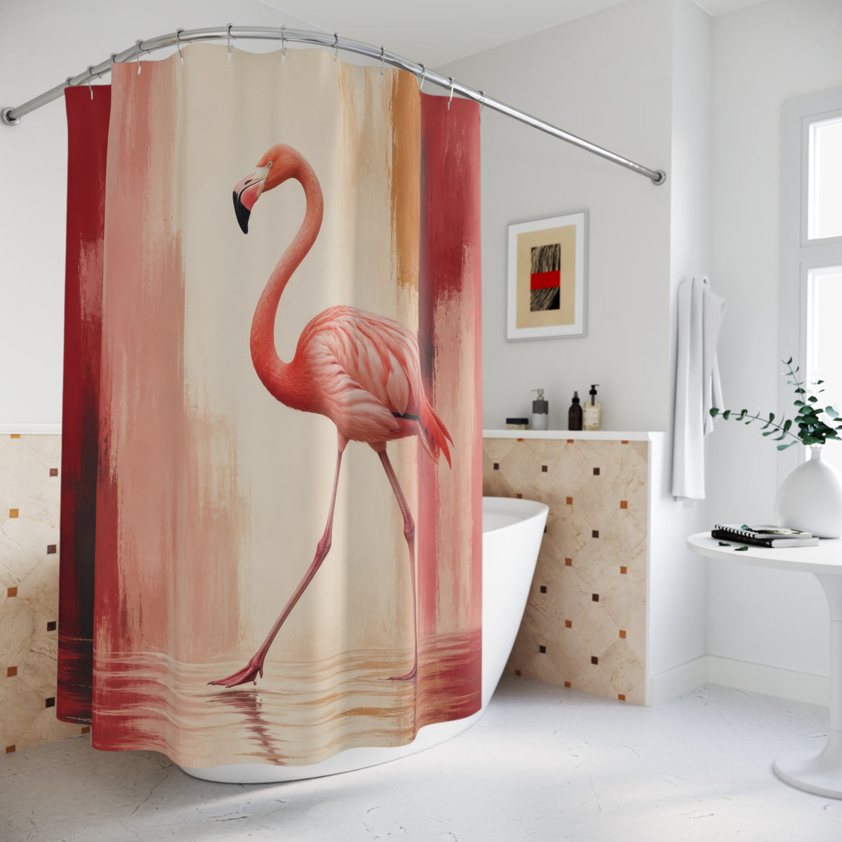 Flamingo stepping through crimson and blush painted bands shower curtain beside a freestanding tub