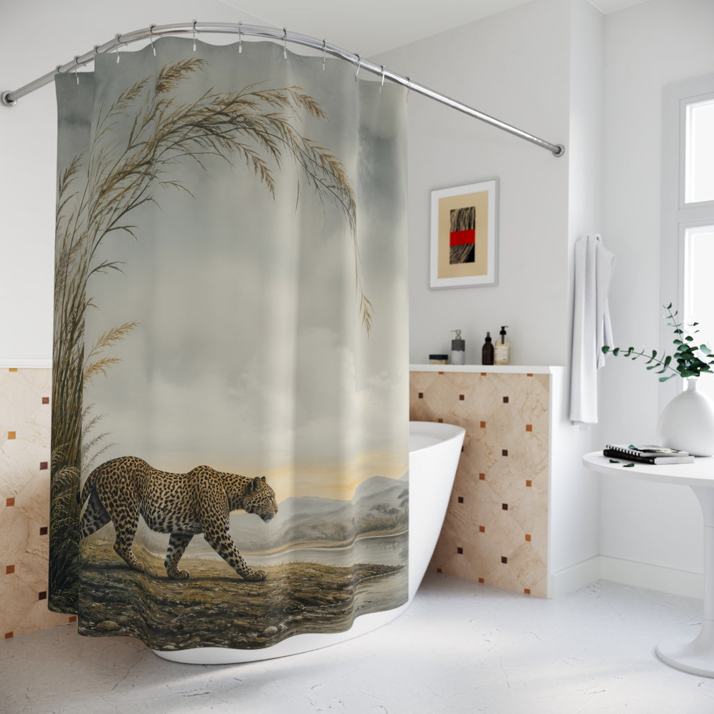 Misty grassland leopard landscape shower curtain beside a freestanding tub