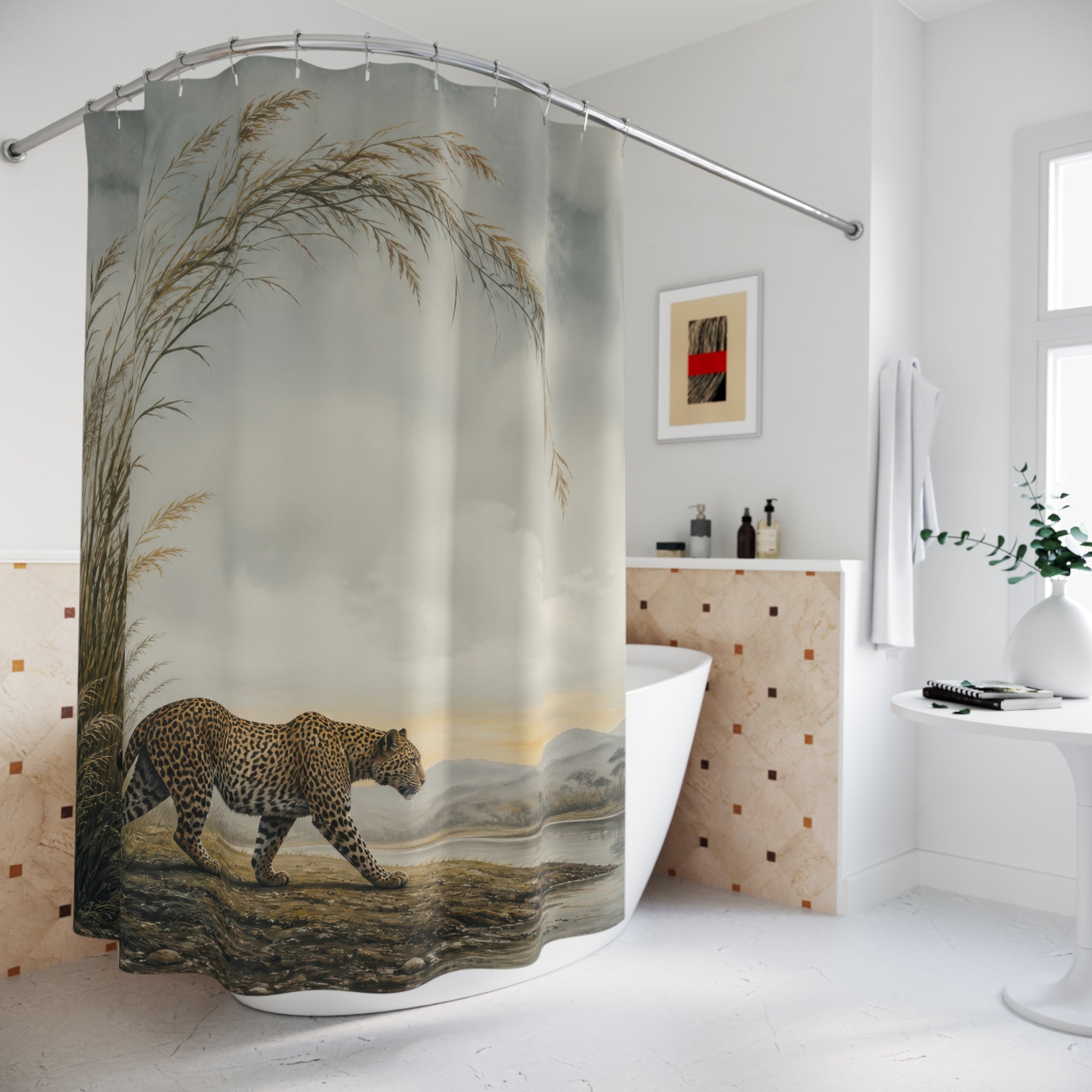 Misty grassland leopard landscape shower curtain beside a freestanding tub