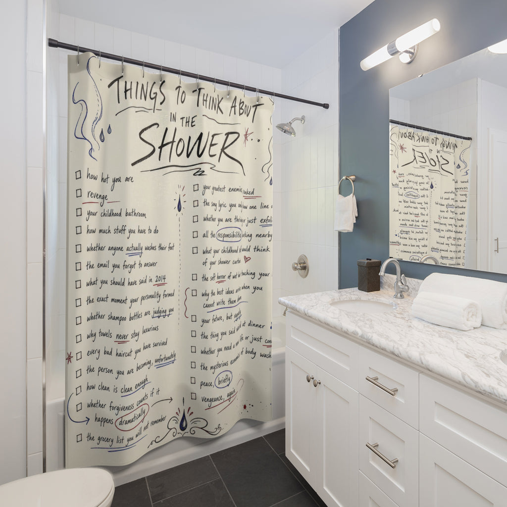 Funny Shower Curtain, Shower Thought Checklist Art, Unique Bathroom Humor Typography, Hand Drawn Cream Novelty Bath Decor, Quirky Guest Bath