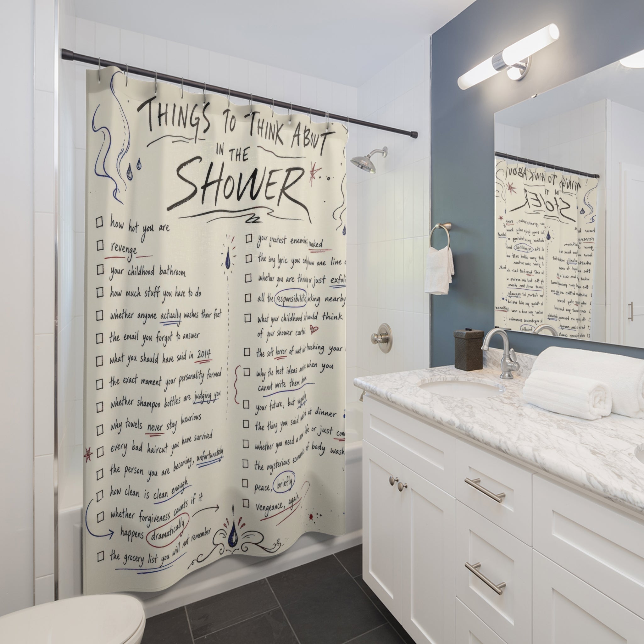 Funny Shower Curtain, Shower Thought Checklist Art, Unique Bathroom Humor Typography, Hand Drawn Cream Novelty Bath Decor, Quirky Guest Bath