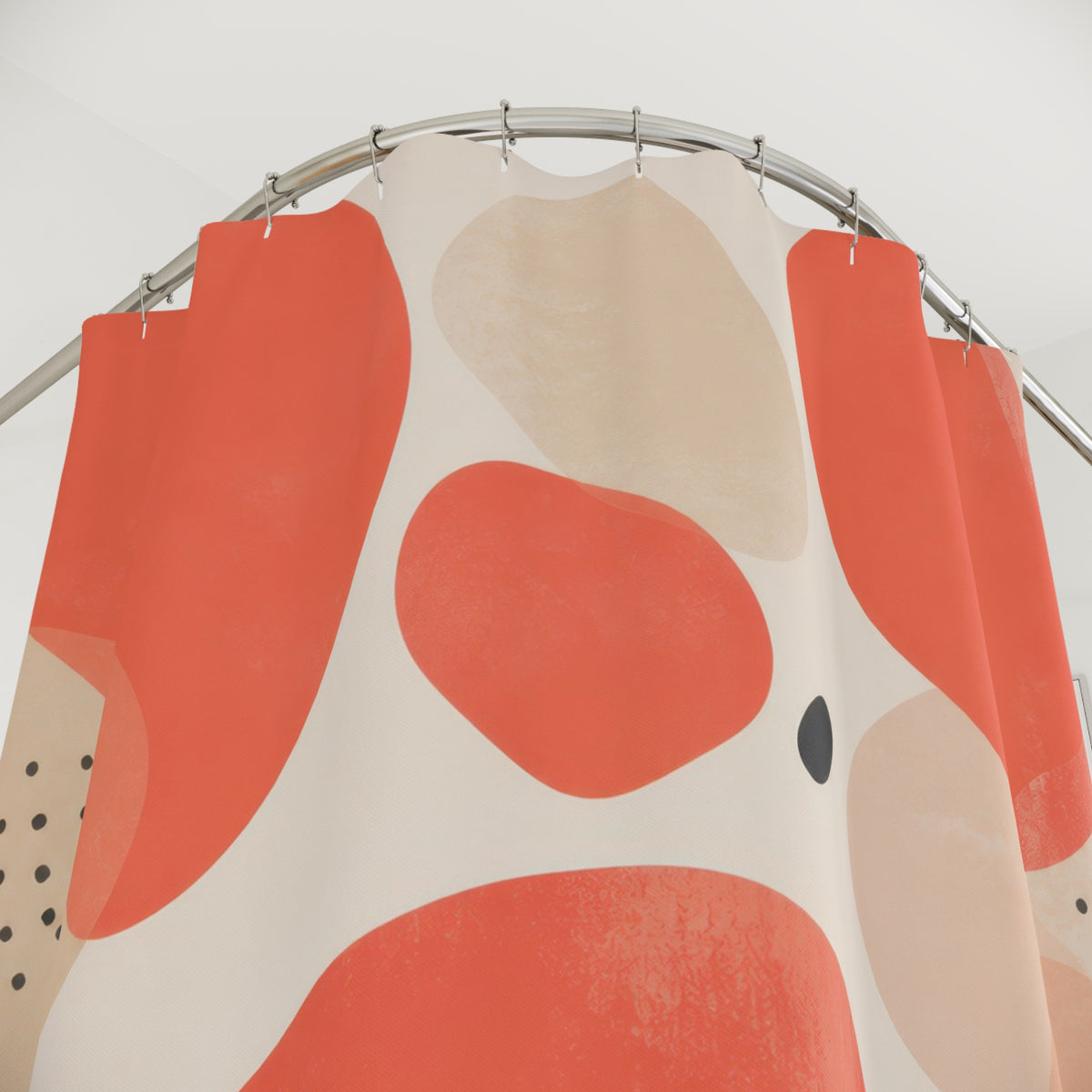 Coral organic pebbles with beige and charcoal accents shower curtain with close-up print, hooks, and folds