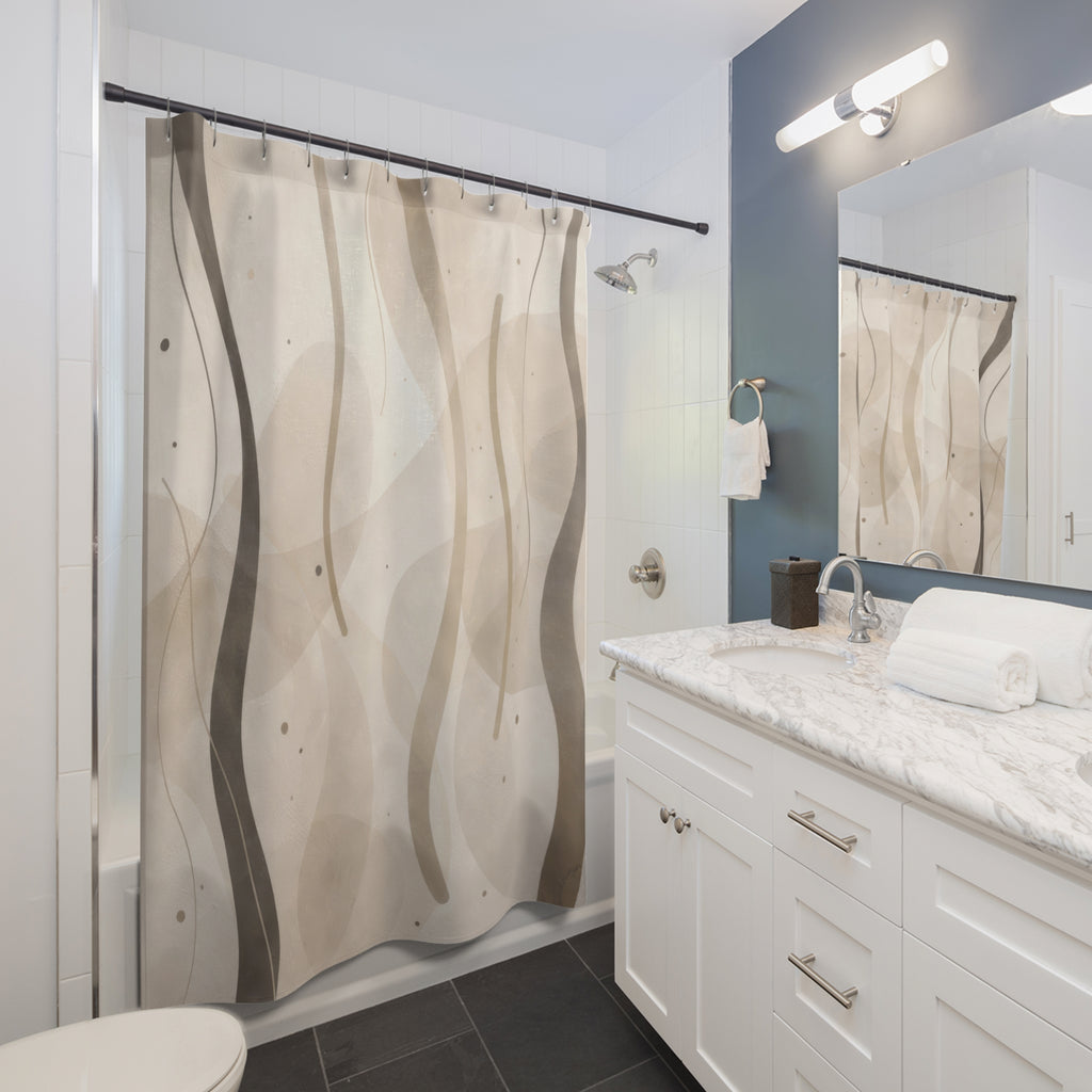 Abstract Wavy Line Shower Curtain – Beige Taupe
