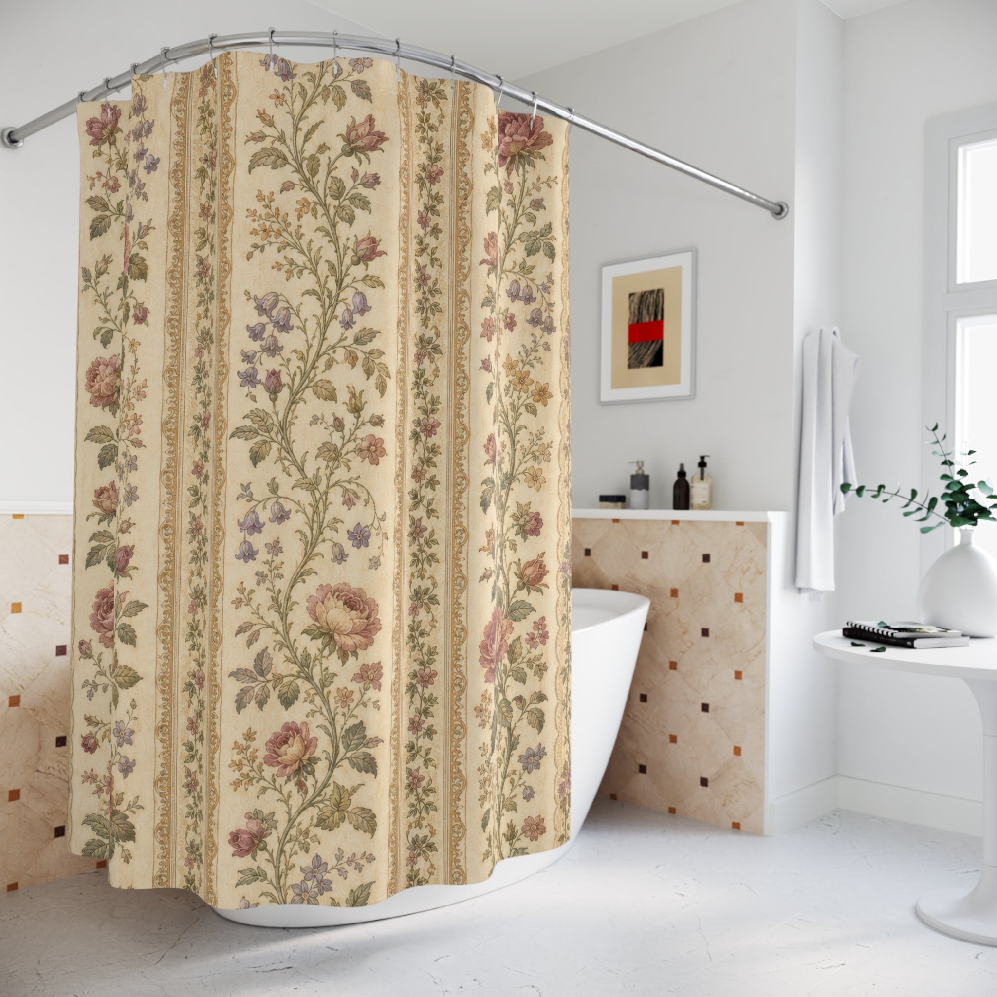 Vintage Rose Beige Stripe Shower Curtain