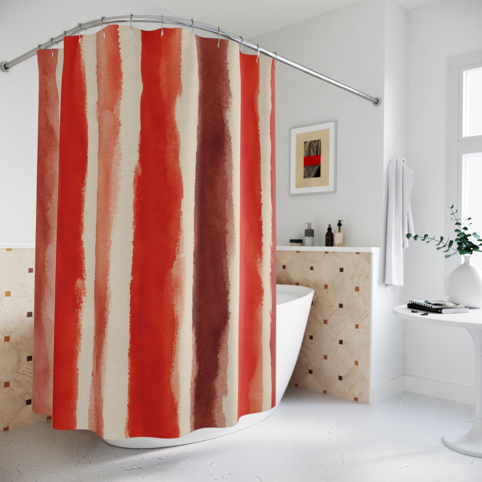 Rice Paper Red Stripe Shower Curtain, Red Rust Classic Bathroom Decor, Modern Stripe Bath Curtain, Guest Bath Decor, Small Bathroom Decor