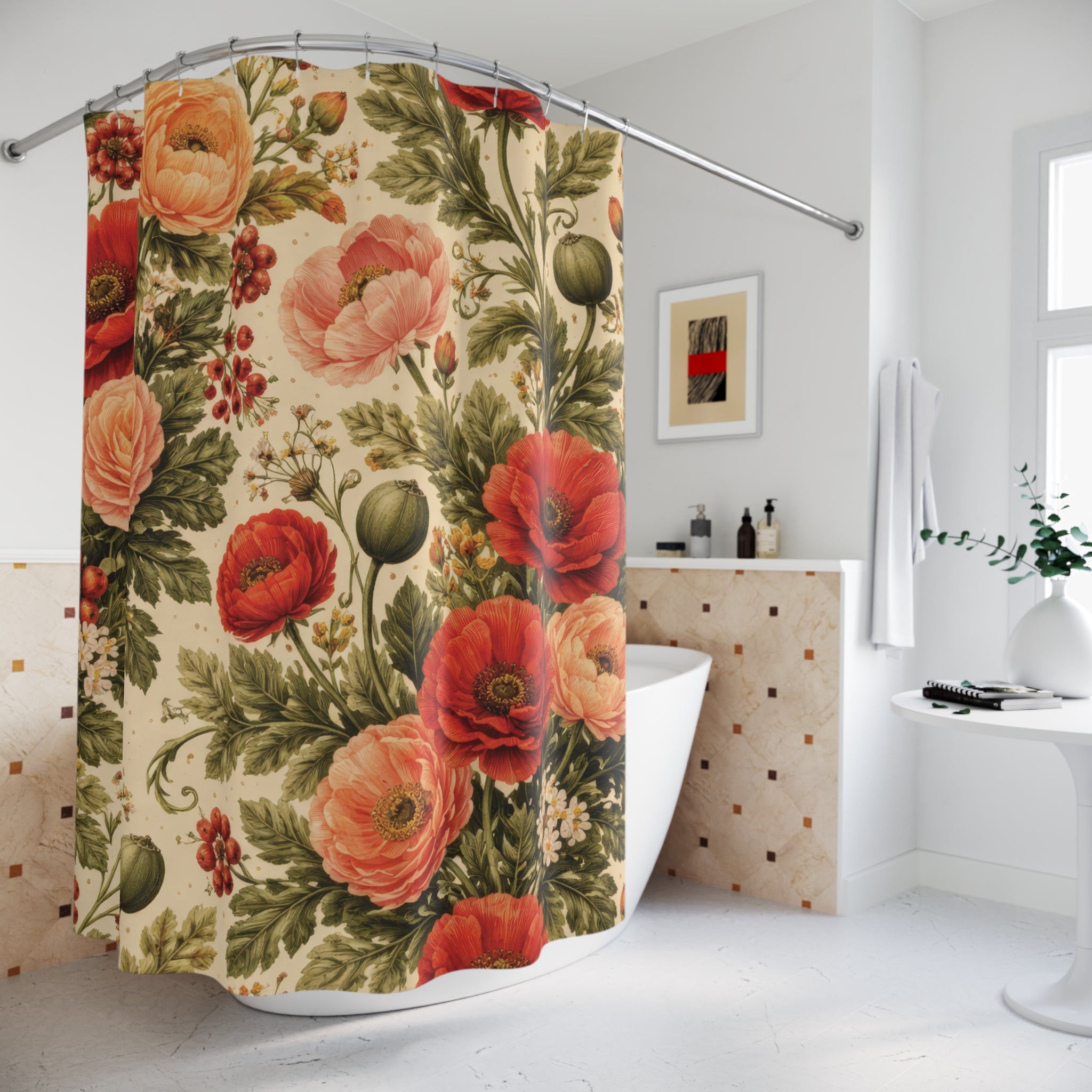 Red Floral Shower Curtain – Poppy & Coral Garden