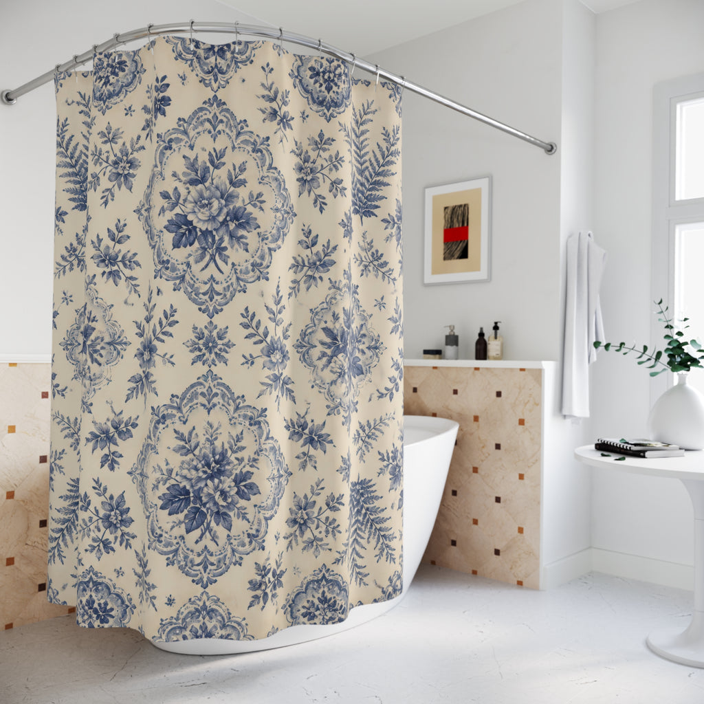Blue Toile Floral Botanical Vintage Farmhouse Shower Curtain