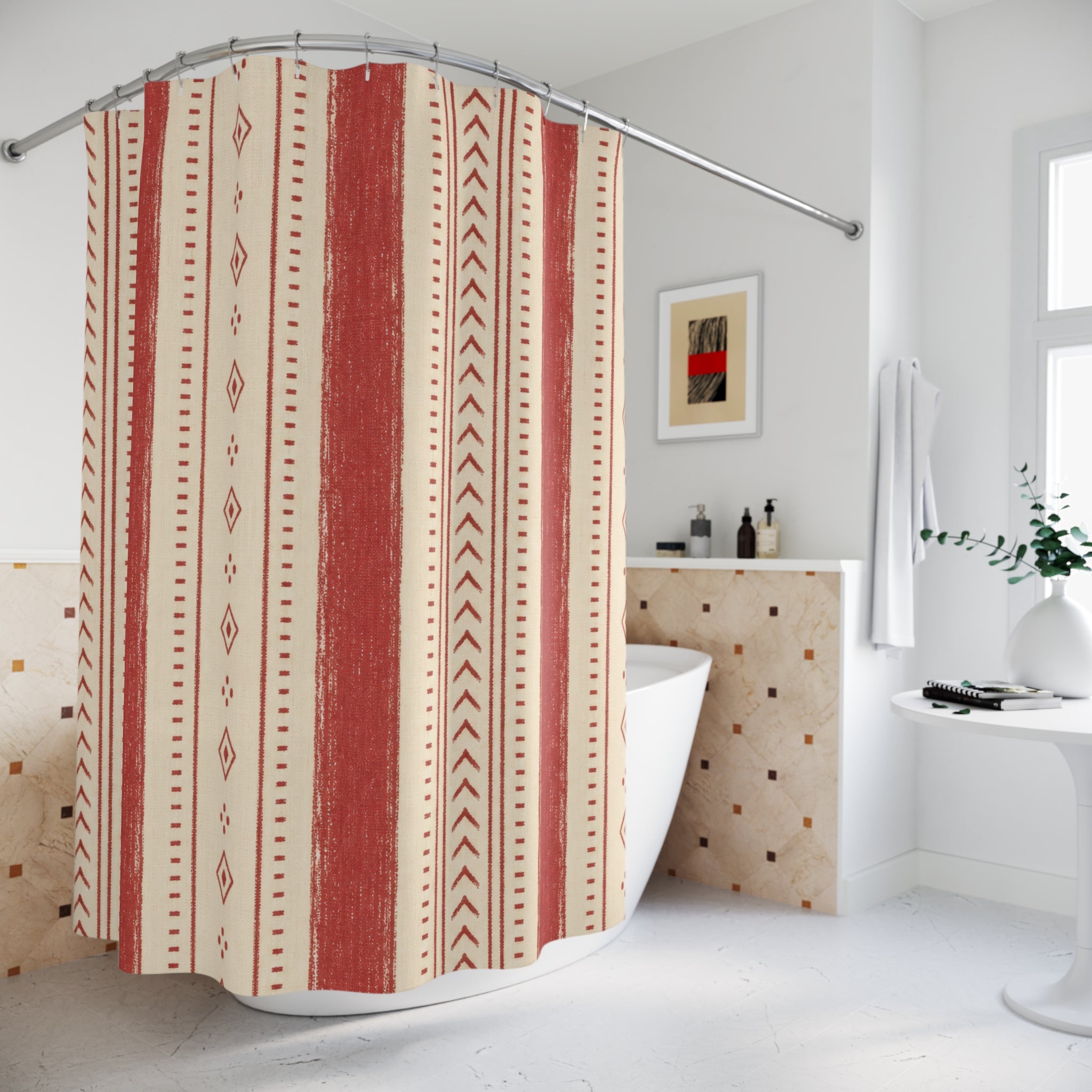 Red and White Boho Stripe Shower Curtain: Warm Ivory Artisan