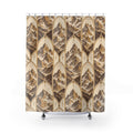Ochre and brown mountains framed by pointed cream arches shower curtain with full front view