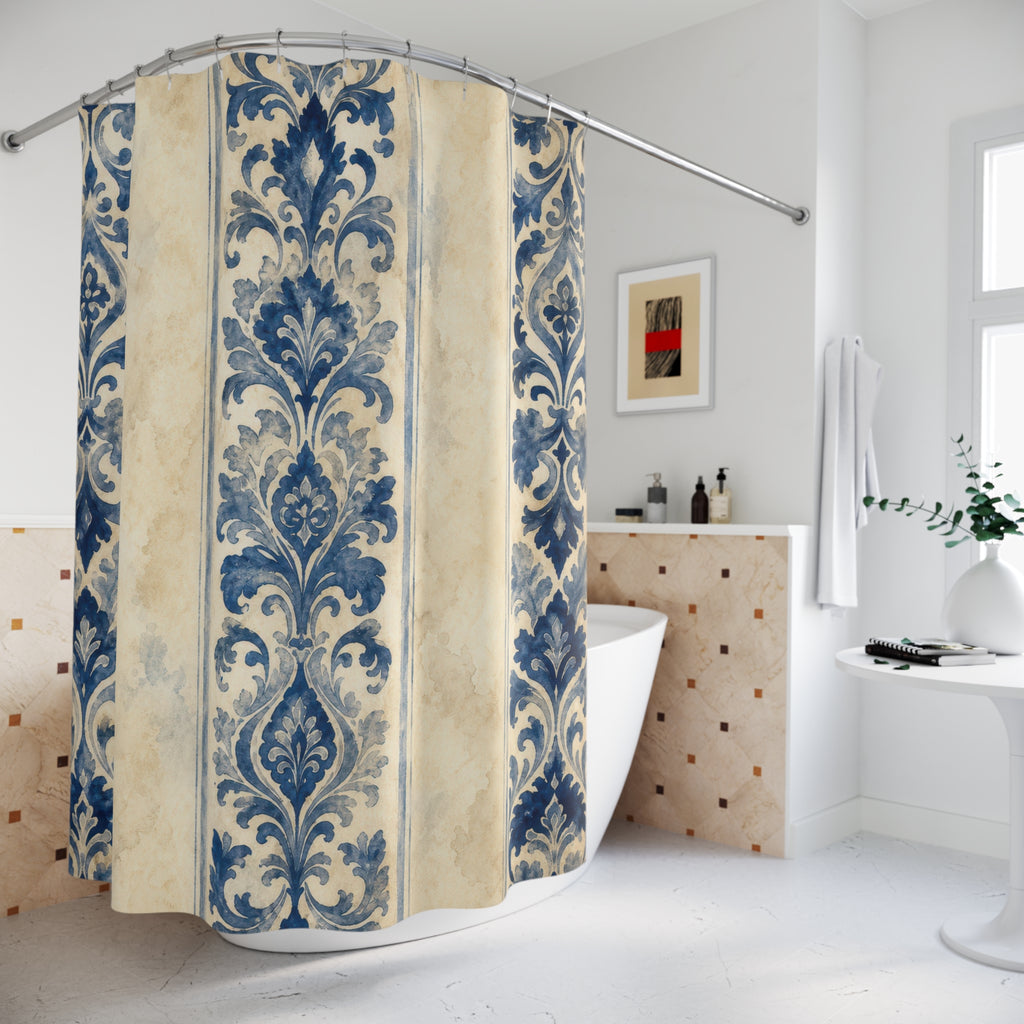 Indigo Watercolor Damask Stripe Shower Curtain