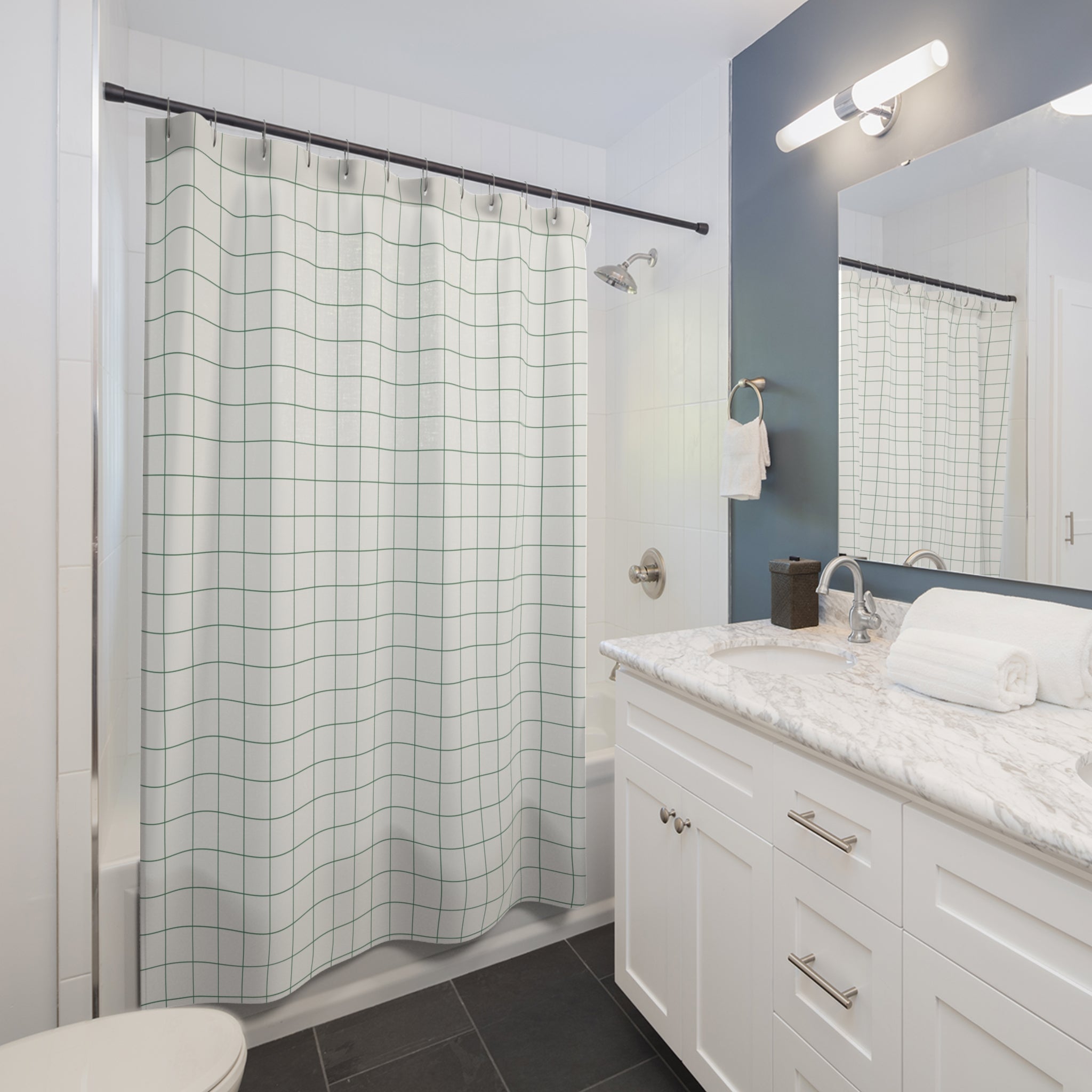 Green and White Cross-Hatch Grid Shower Curtain