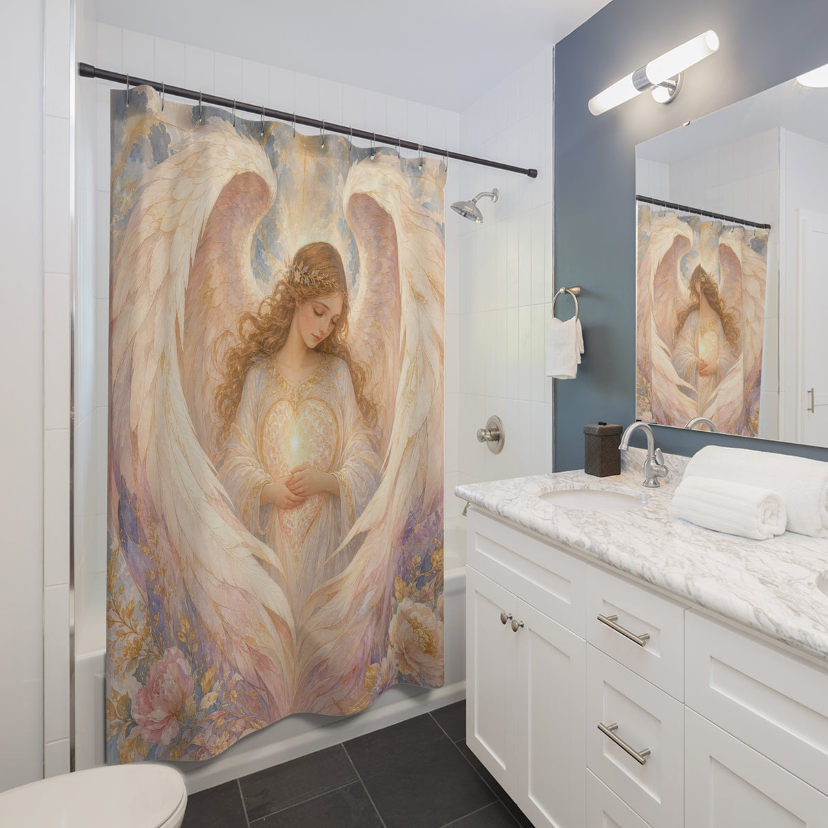 Guardian Angel soft pastel protective shower curtain beside a white vanity