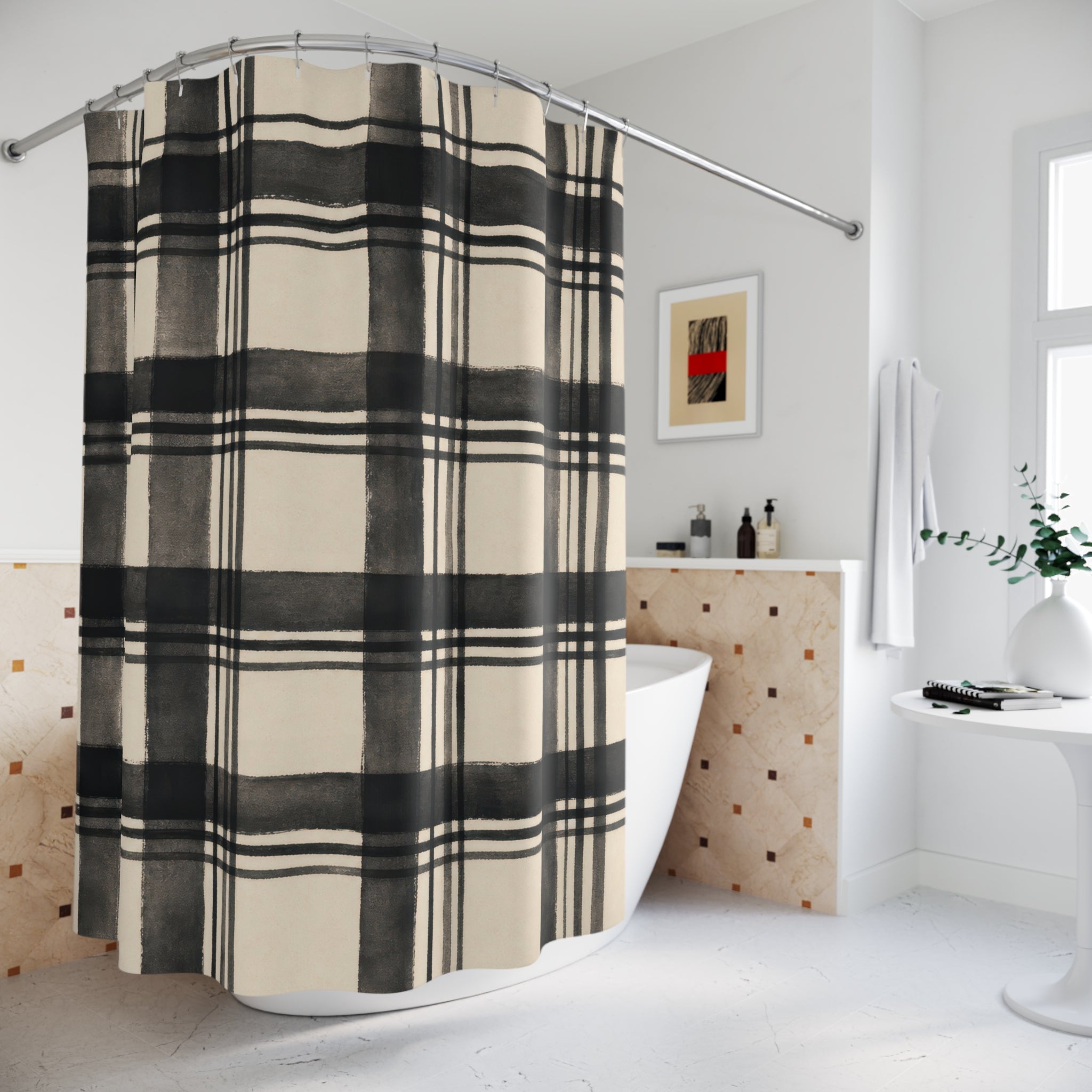 Black Cream Farmhouse Check Shower Curtain