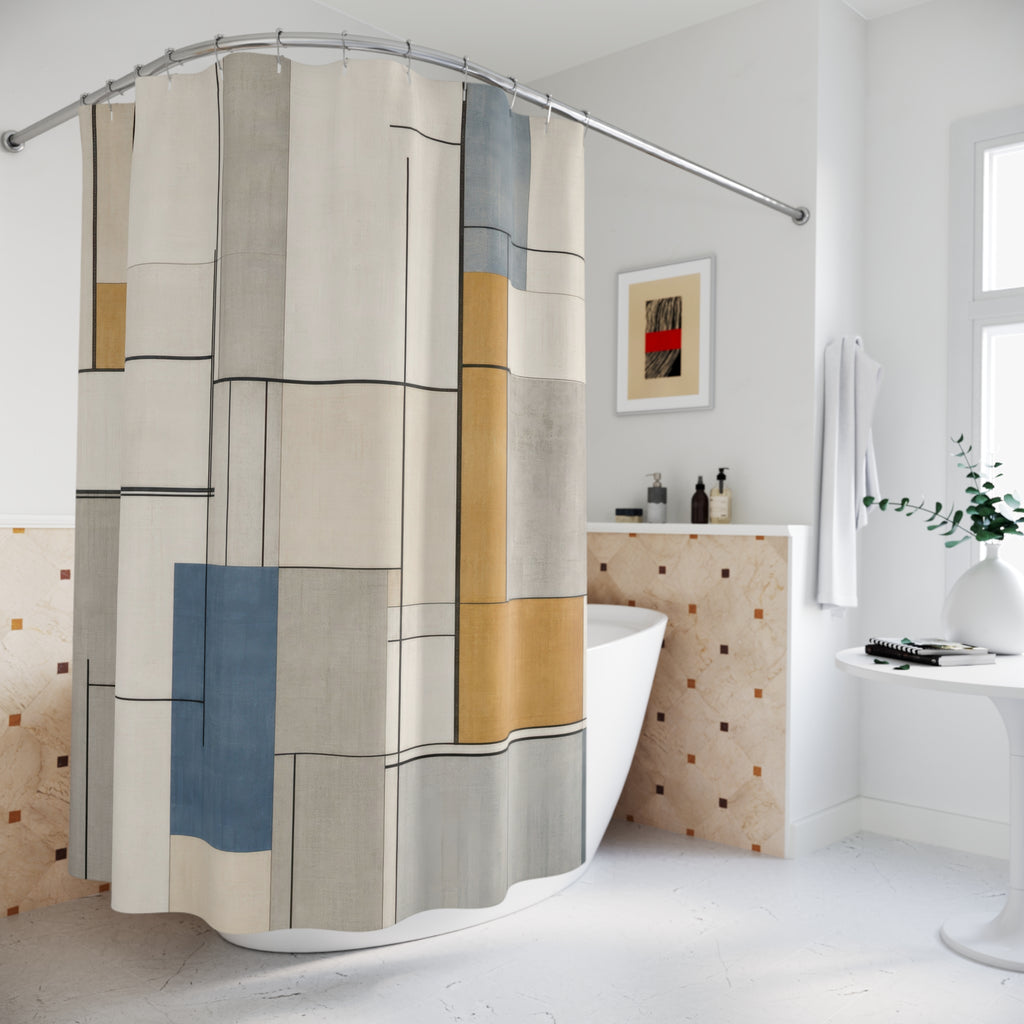 Geometric Shower Curtain, Blue Beige Gray Grid Line Art, Modern Abstract Bath Decor, Architectural Minimalist Bathroom Style, Guest Bath