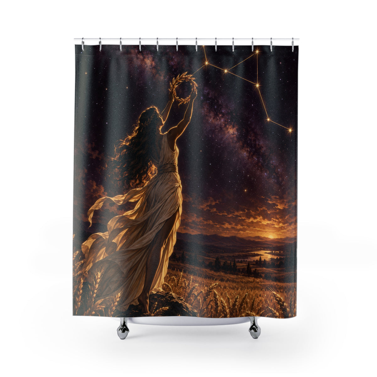 Virgo maiden raising a wheat wreath at sunset shower curtain with full front view