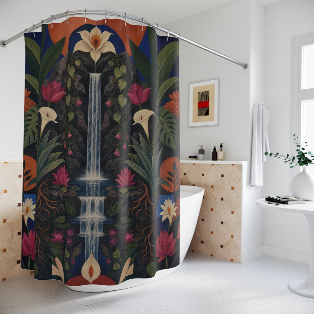 Dark Botanical Waterfall Print Shower Curtain