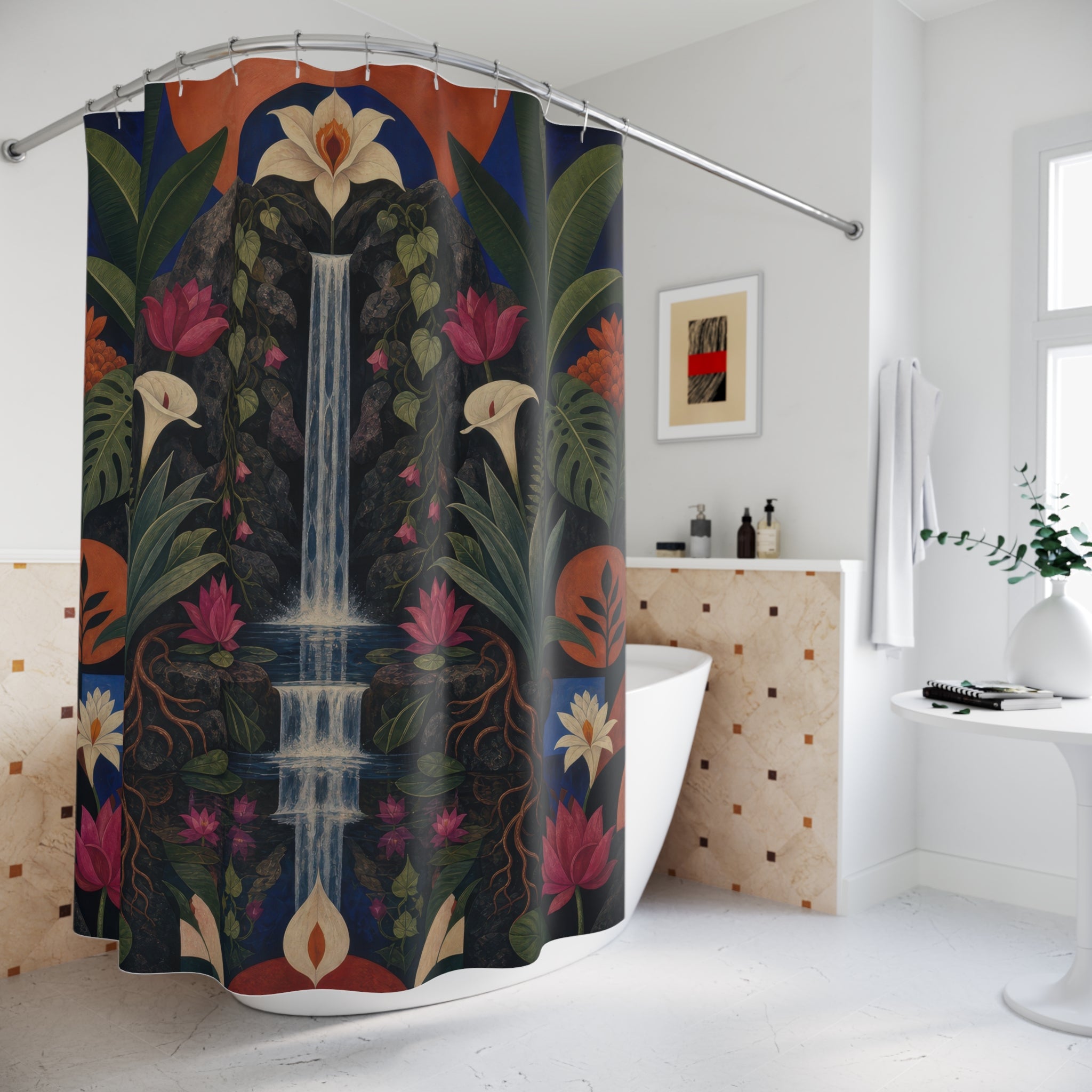 Dark Botanical Waterfall Print Shower Curtain